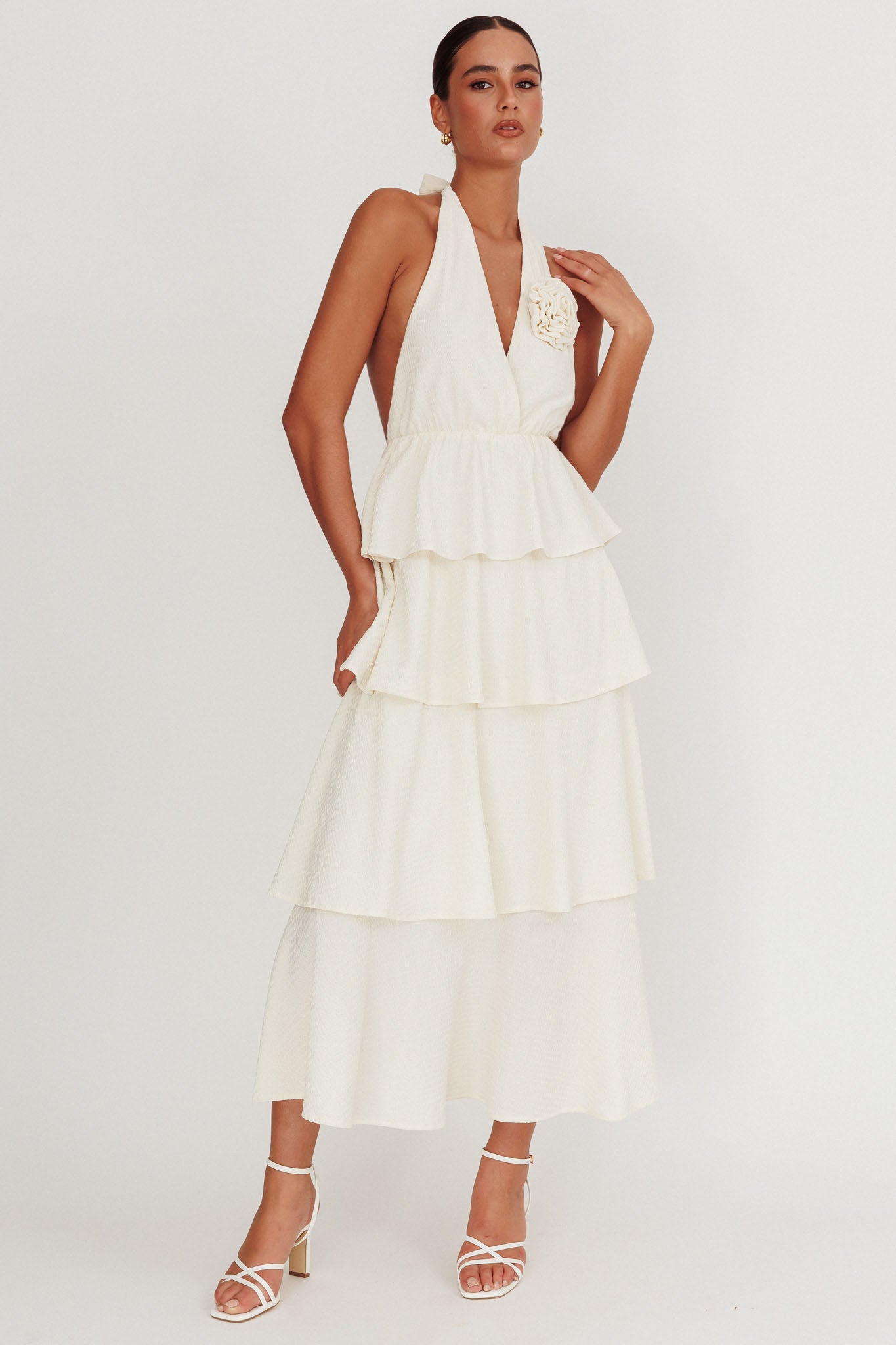 Kimberley Halter Neck Ruffle Maxi Dress Beige-Maymioy