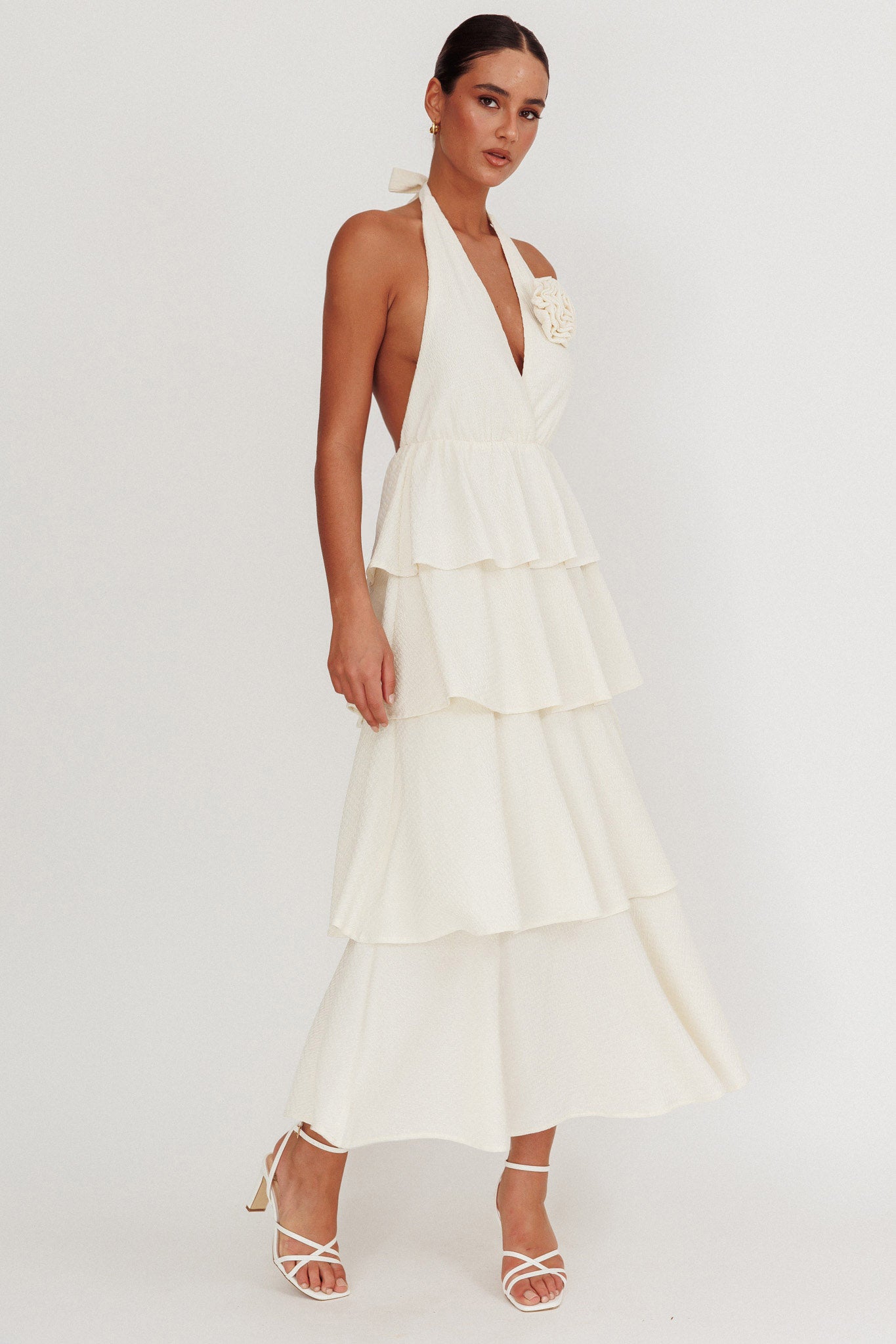 Kimberley Halter Neck Ruffle Maxi Dress Beige-Maymioy