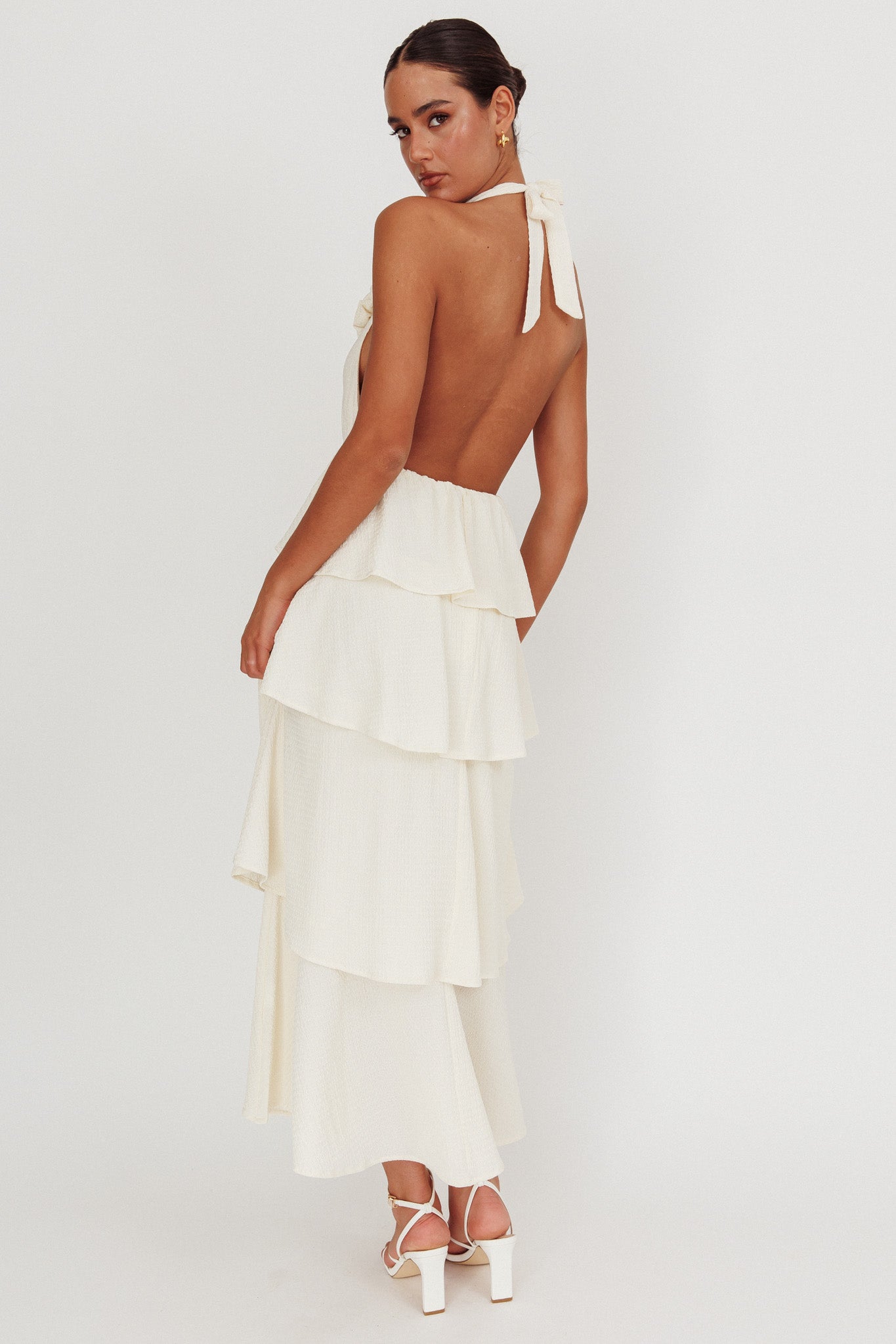 Kimberley Halter Neck Ruffle Maxi Dress Beige-Maymioy