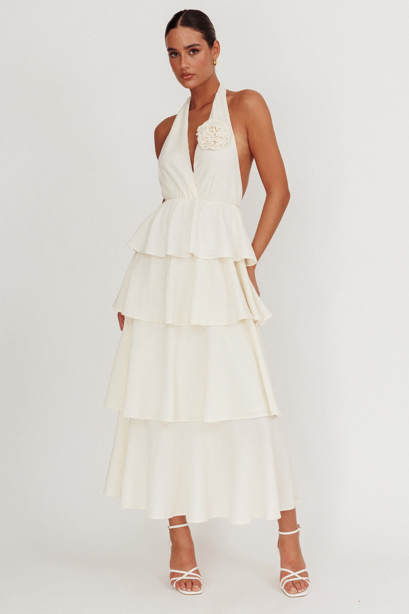 Kimberley Halter Neck Ruffle Maxi Dress Beige-Maymioy