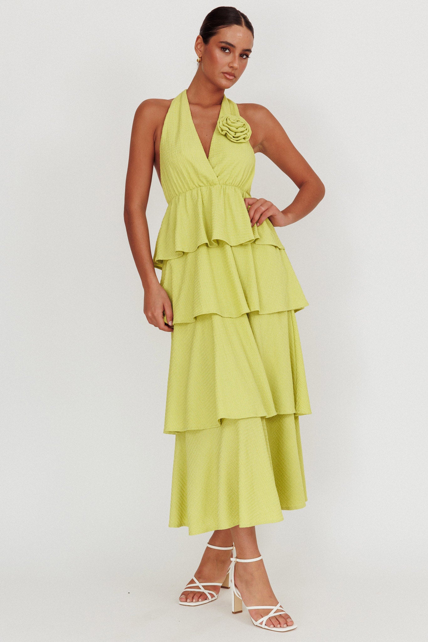 Kimberley Halter Neck Ruffle Maxi Dress Matcha-Maymioy