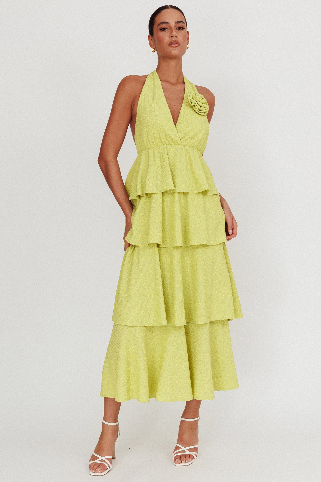 Kimberley Halter Neck Ruffle Maxi Dress Matcha-Maymioy