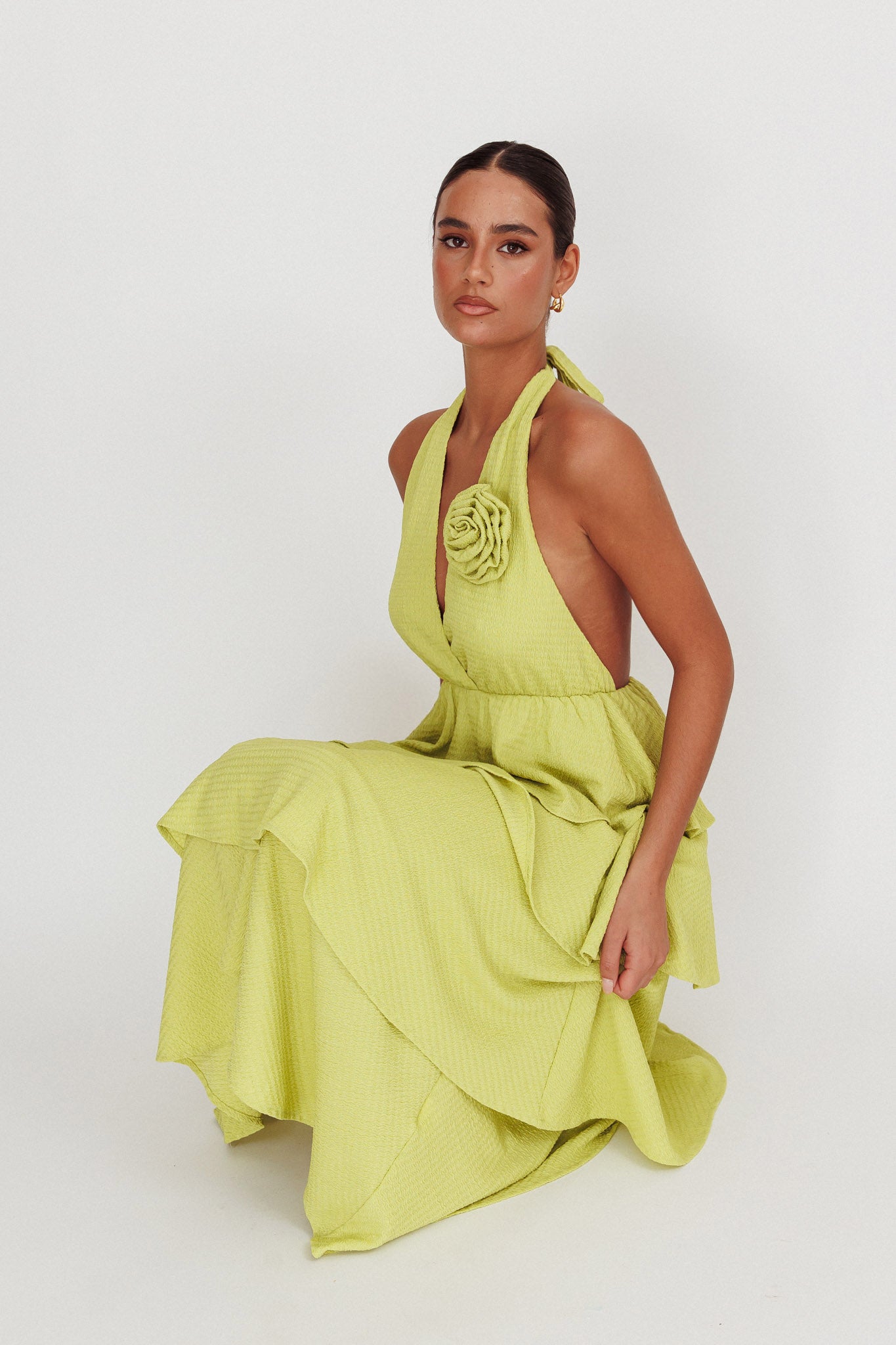 Kimberley Halter Neck Ruffle Maxi Dress Matcha-Maymioy