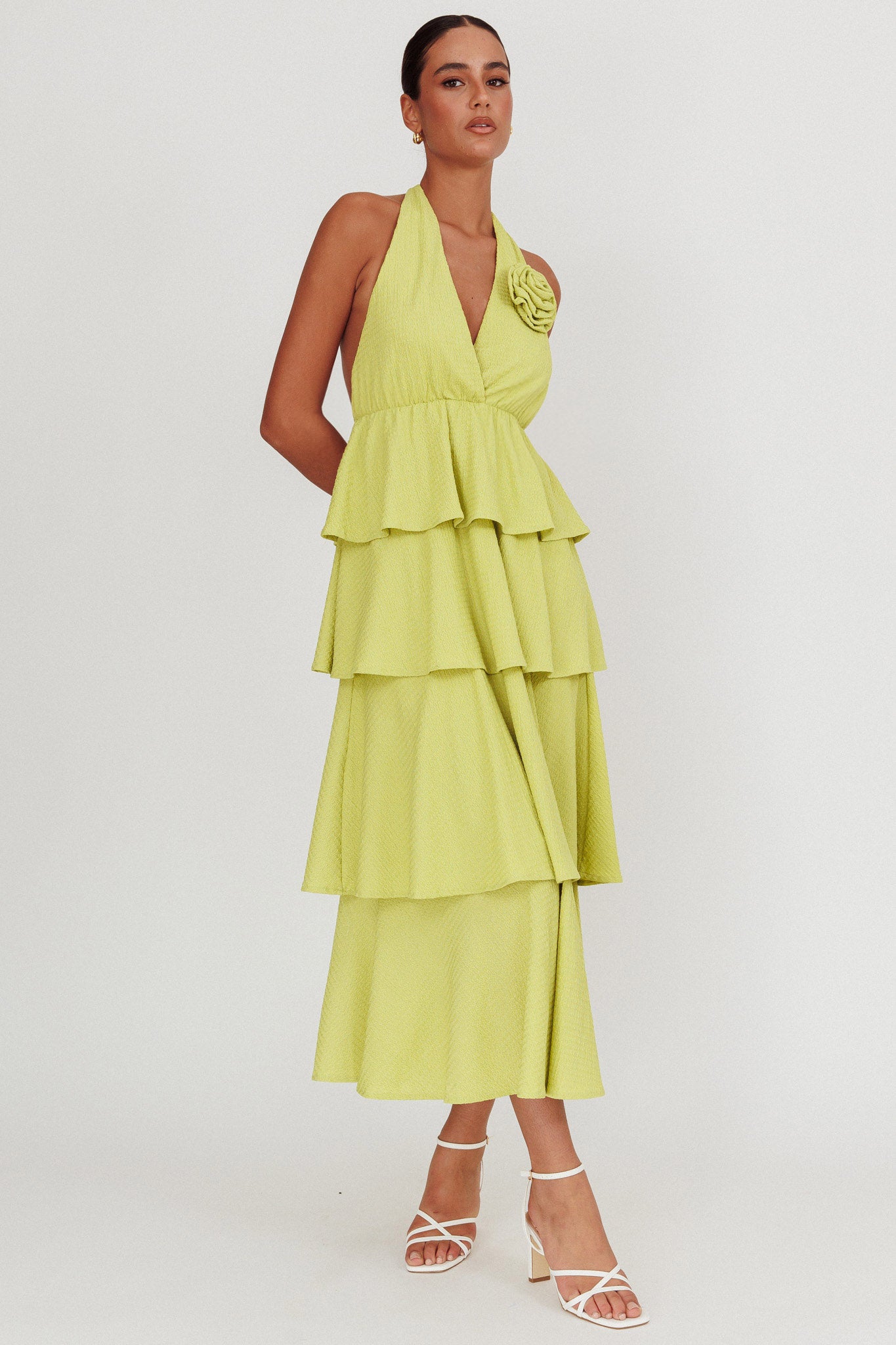 Kimberley Halter Neck Ruffle Maxi Dress Matcha-Maymioy