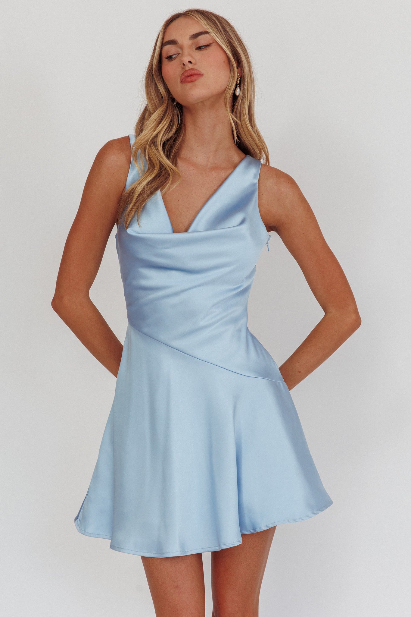 Brigid Cowl Neck Scoop Back Mini Dress Blue-Maymioy