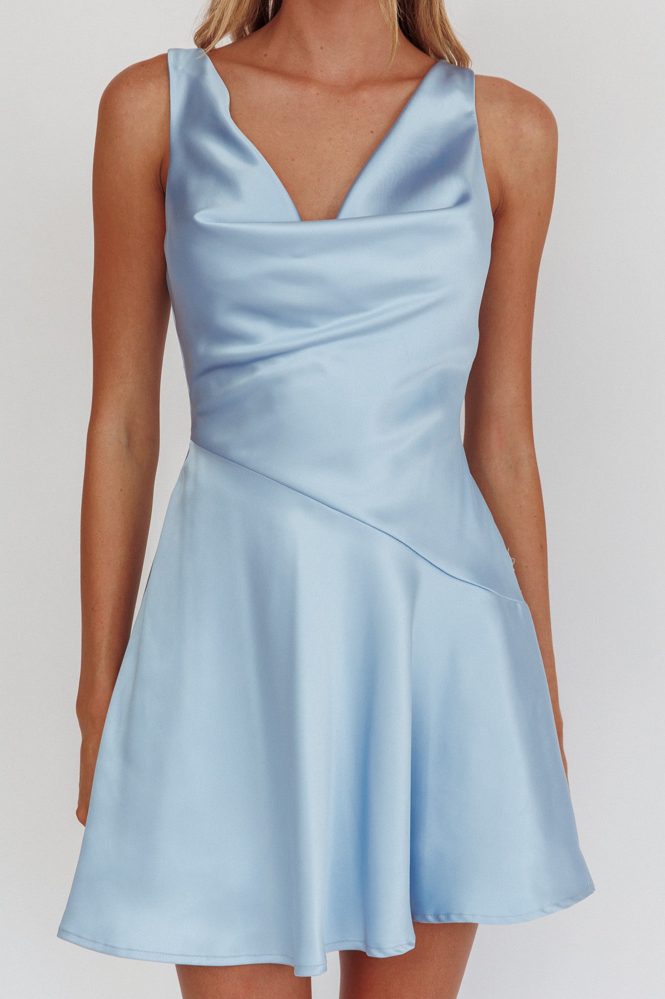 Brigid Cowl Neck Scoop Back Mini Dress Blue-Maymioy