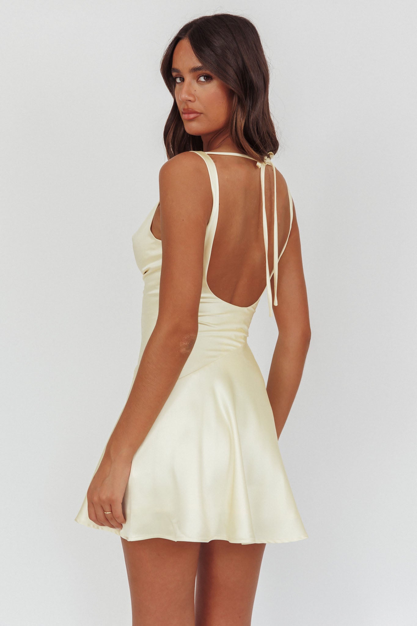 Brigid Cowl Neck Scoop Back Mini Dress Butter-Maymioy