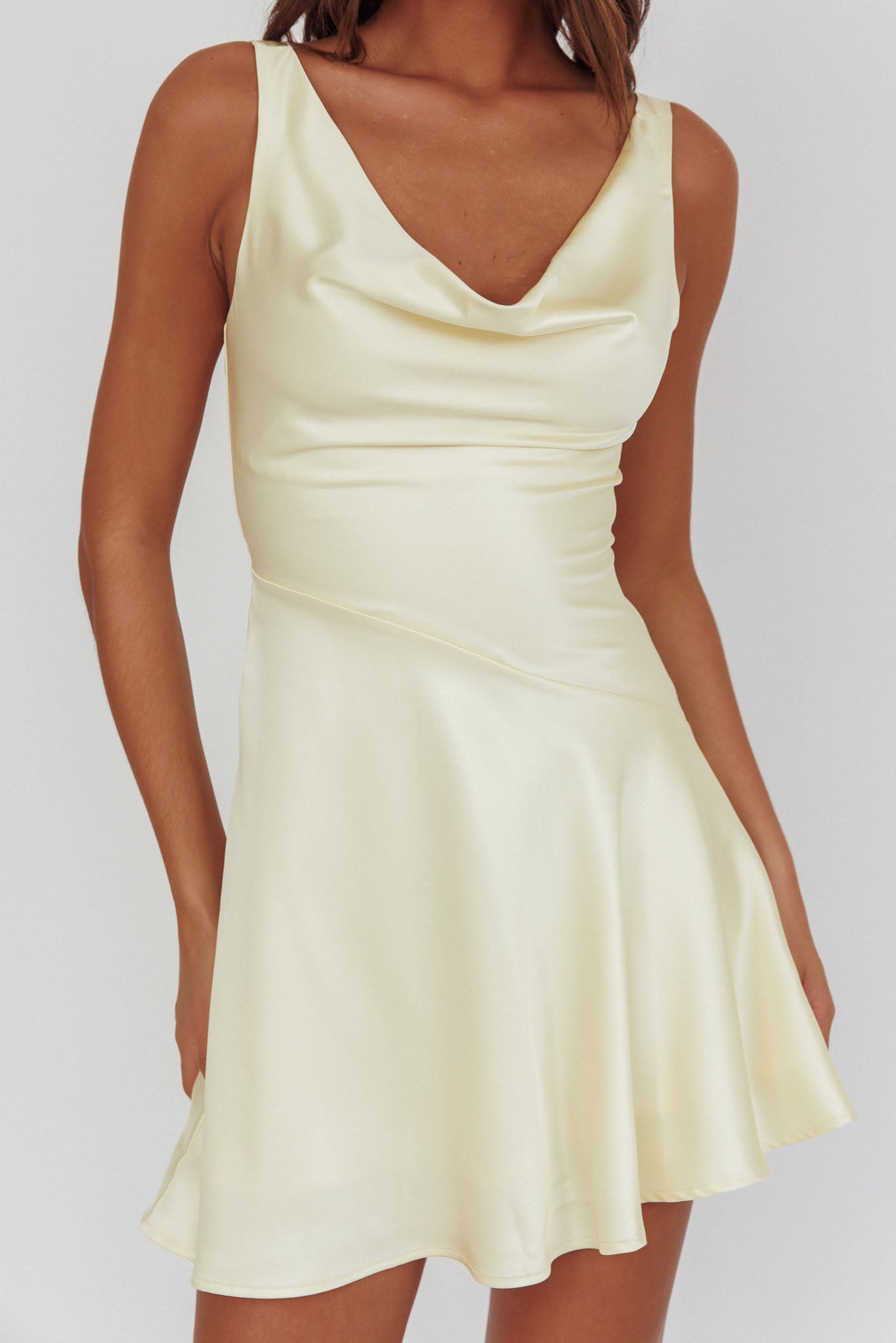 Brigid Cowl Neck Scoop Back Mini Dress Butter-Maymioy