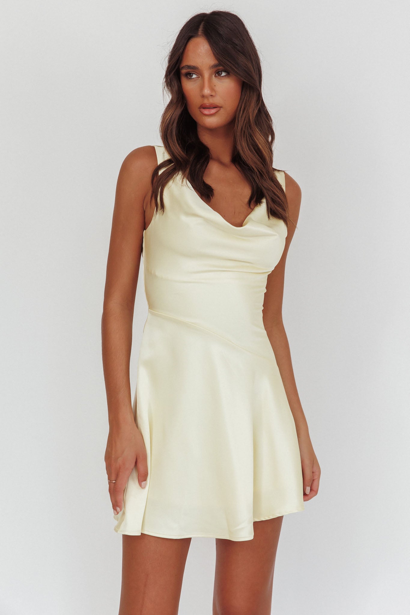 Brigid Cowl Neck Scoop Back Mini Dress Butter-Maymioy
