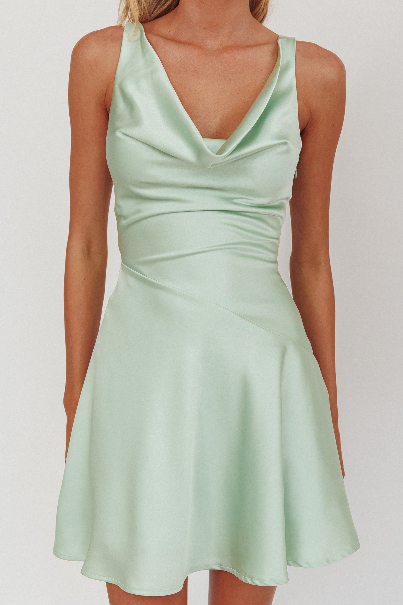 Brigid Cowl Neck Scoop Back Mini Dress Mint-Maymioy