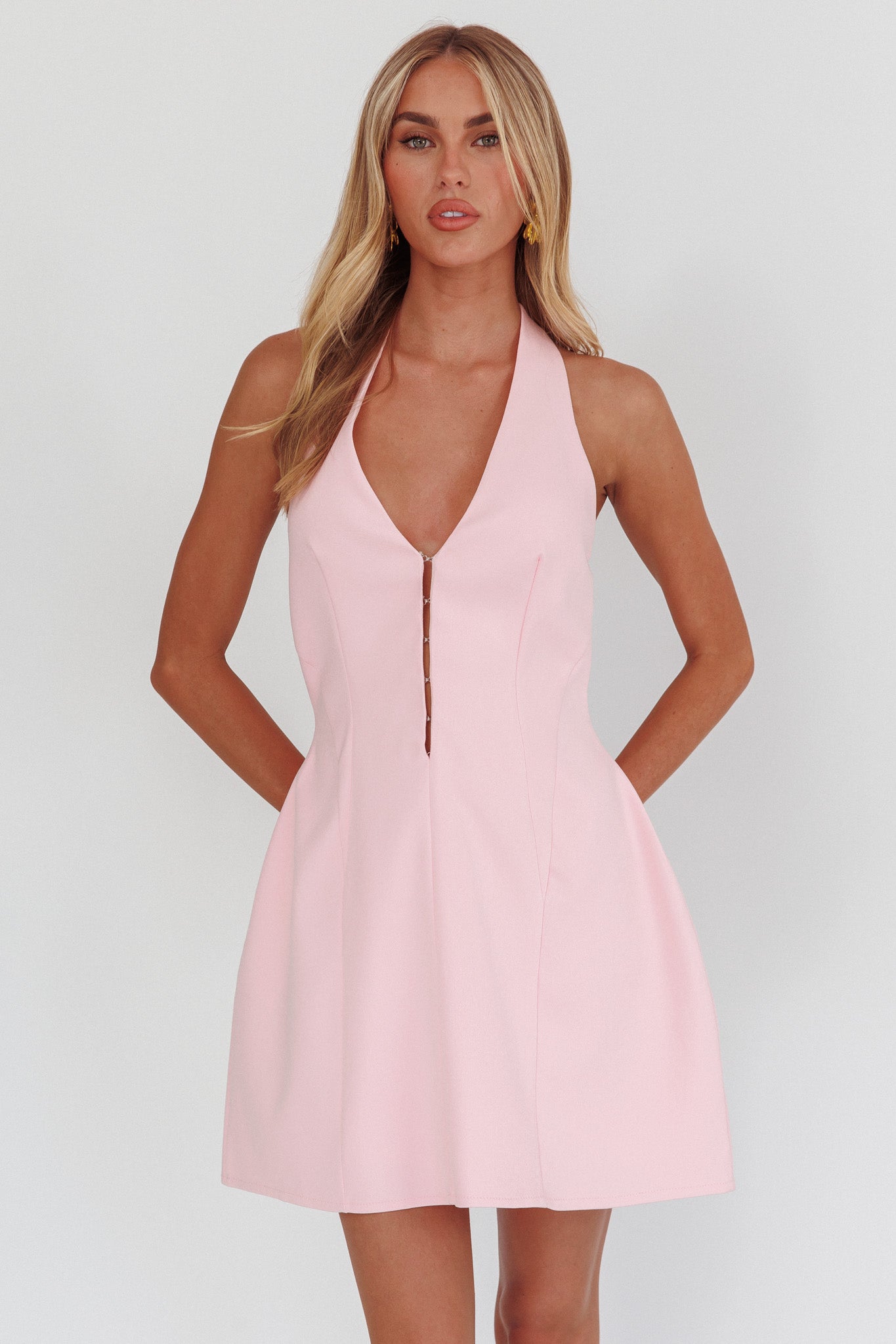 Elisabet Halter Neck Mini Dress Pink-Maymioy