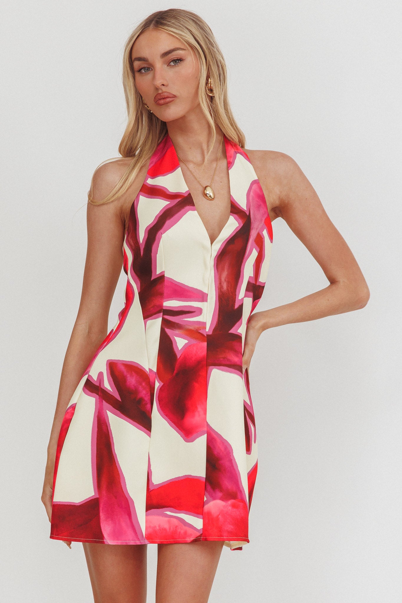 Elisabet Halter Neck Mini Dress Print Red-Maymioy