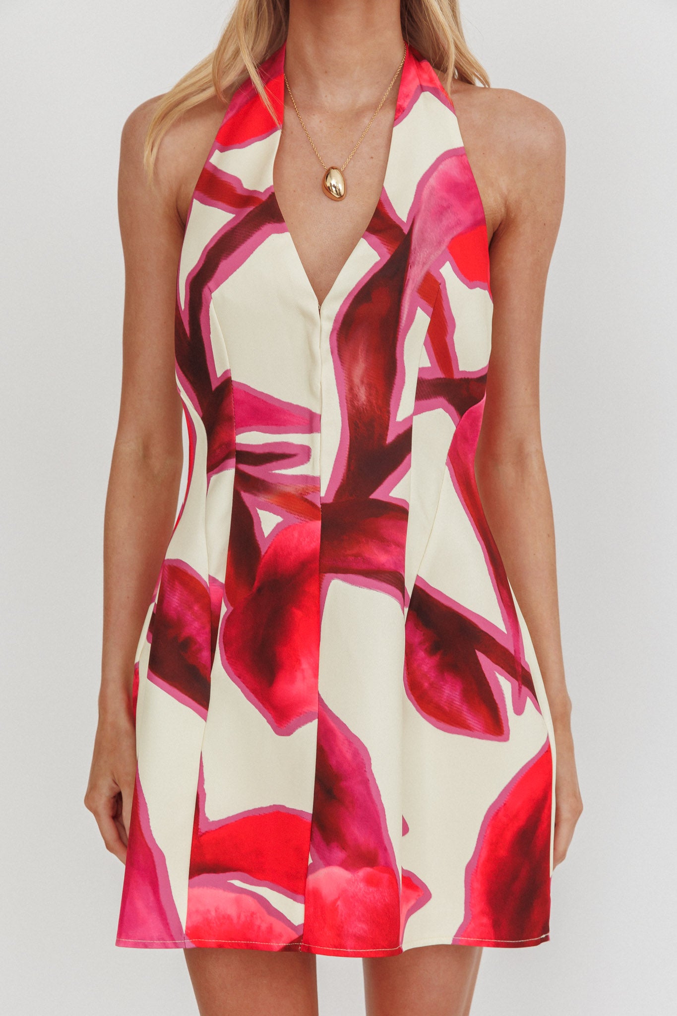 Elisabet Halter Neck Mini Dress Print Red-Maymioy