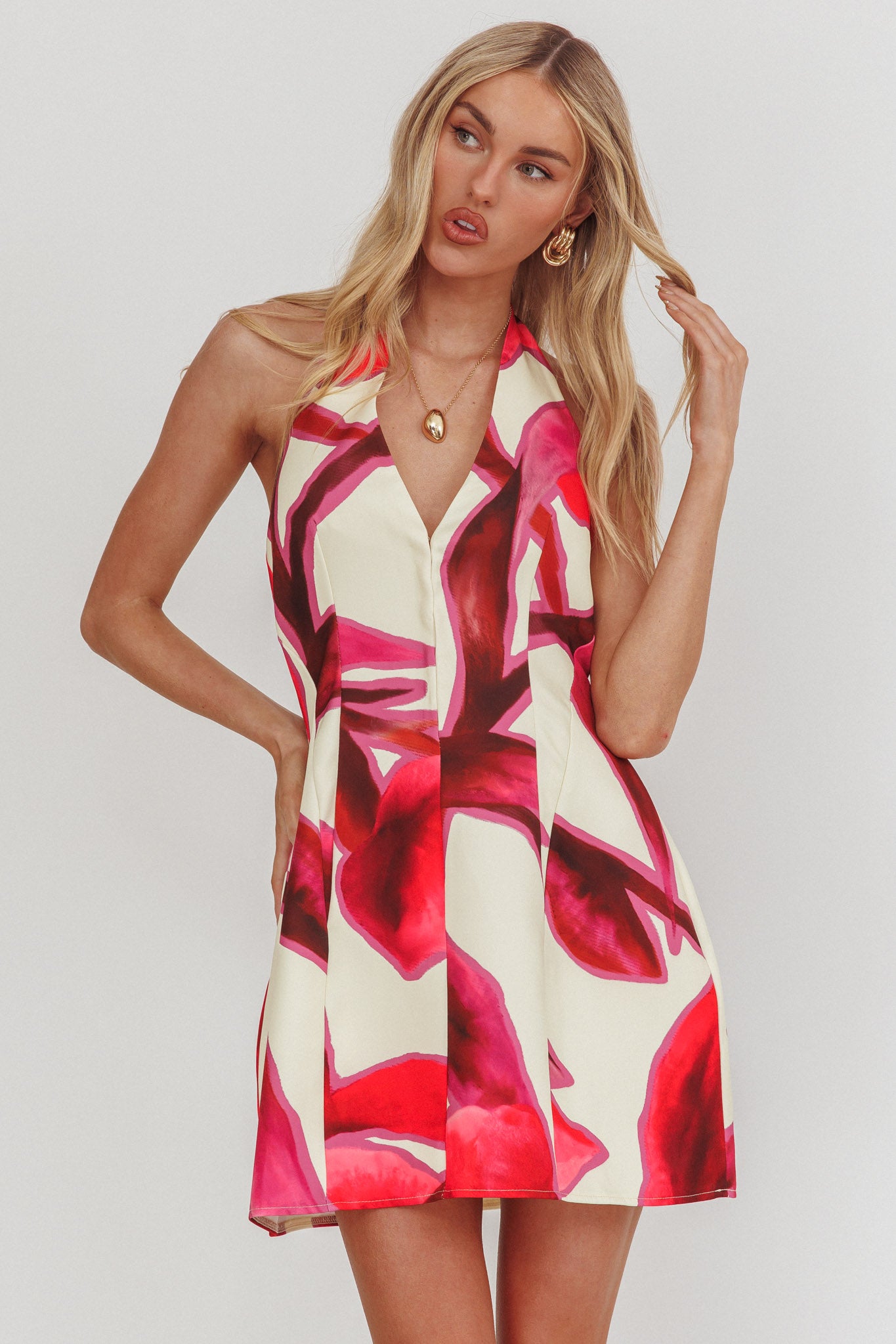 Elisabet Halter Neck Mini Dress Print Red-Maymioy
