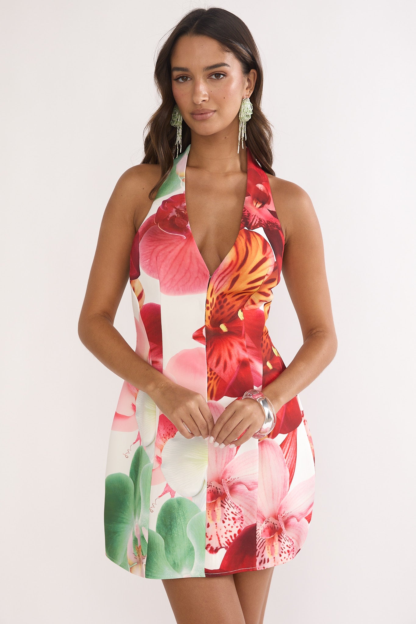 Elisabet Halter Neck Mini Dress Print Floral-Maymioy