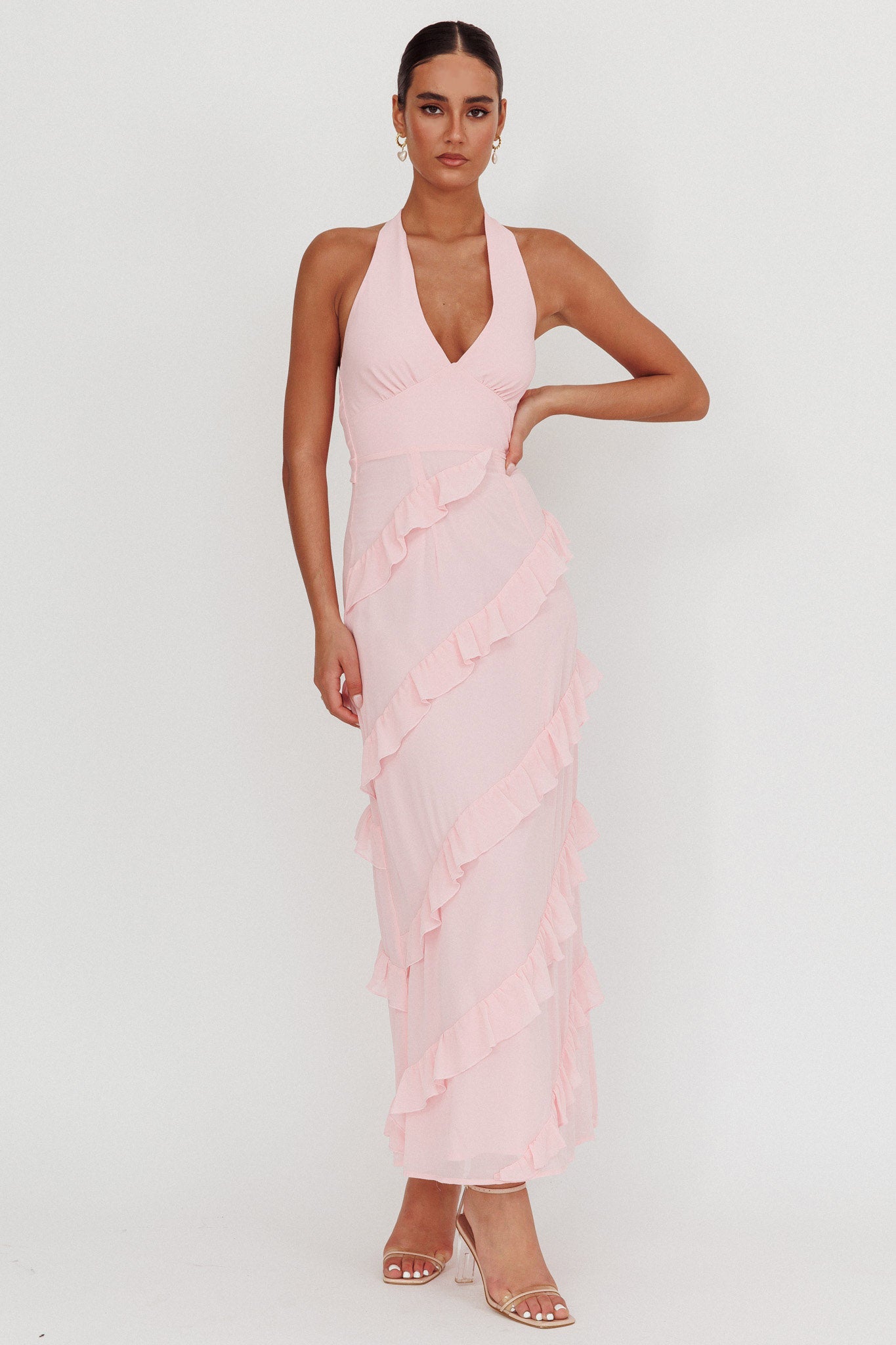 Flirt Frill Trim Halter Maxi Dress Blush-Maymioy