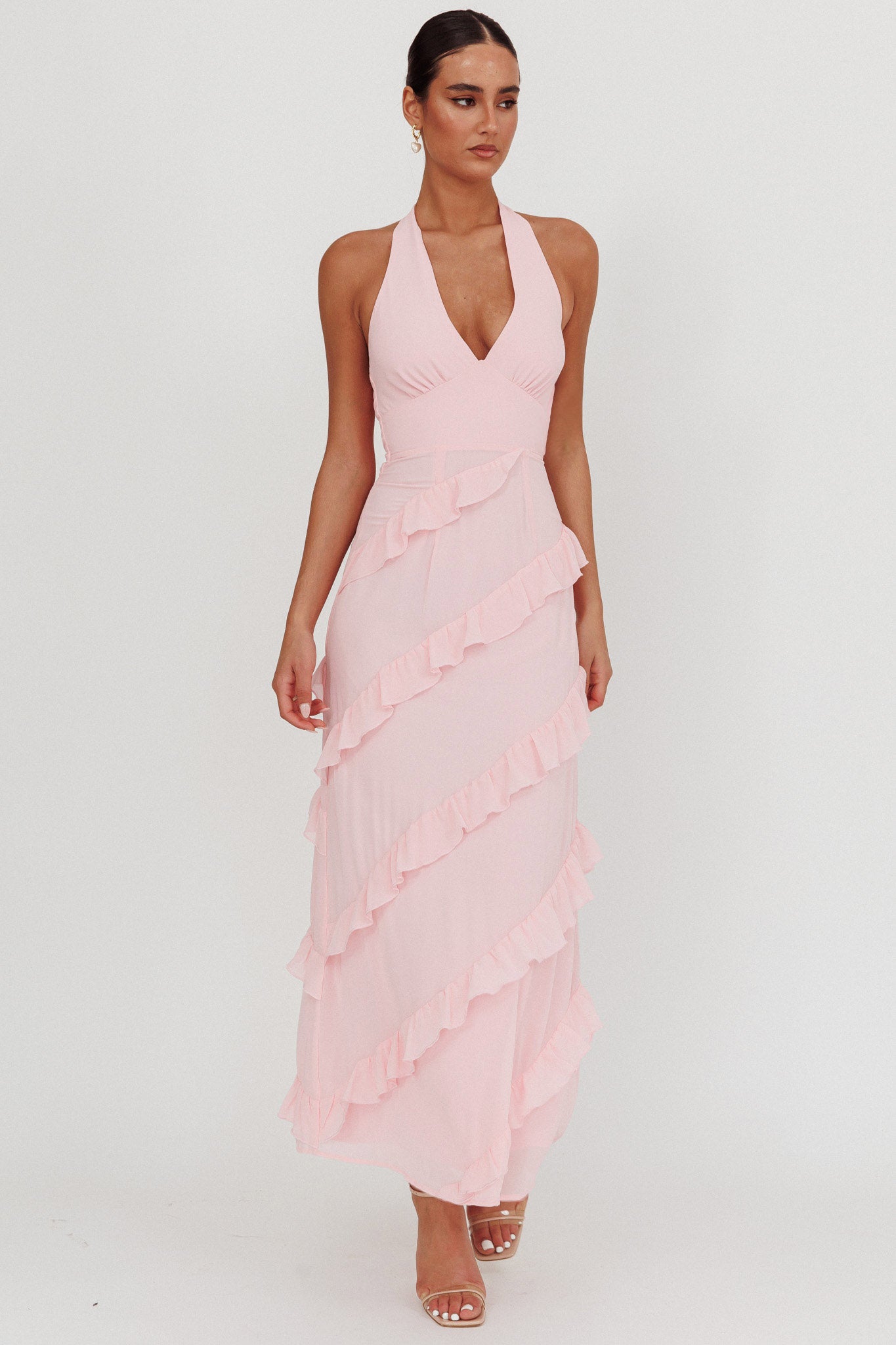 Flirt Frill Trim Halter Maxi Dress Blush-Maymioy