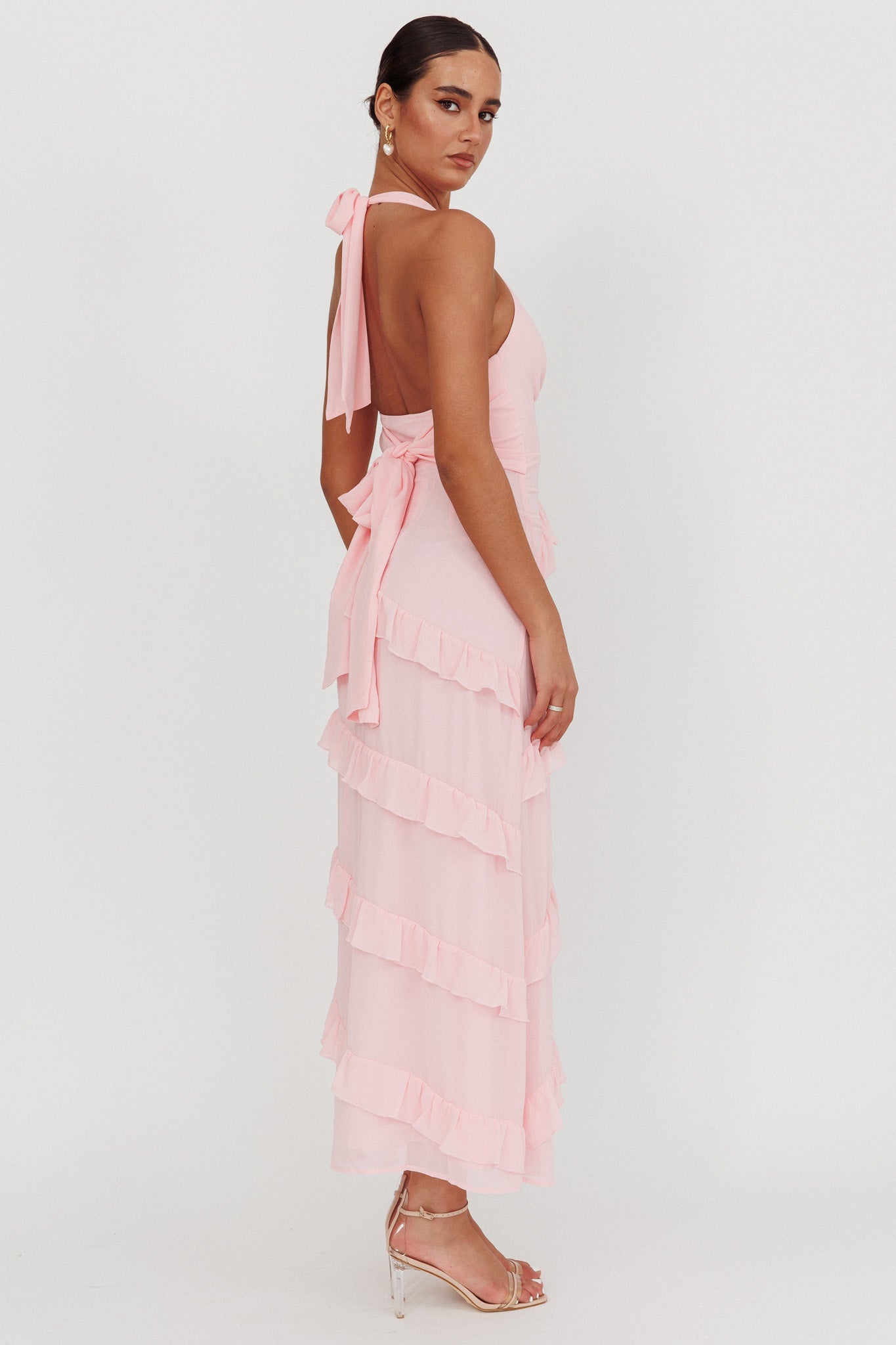 Flirt Frill Trim Halter Maxi Dress Blush-Maymioy