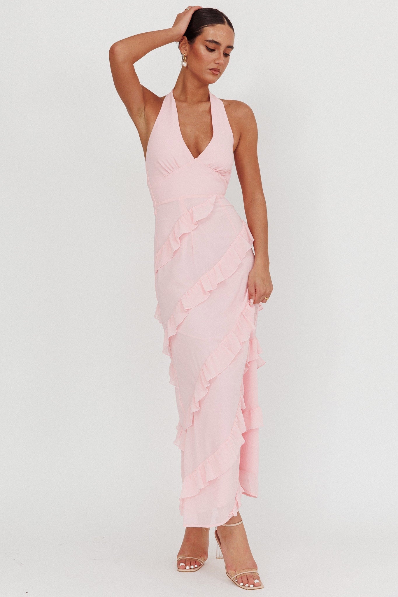 Flirt Frill Trim Halter Maxi Dress Blush-Maymioy