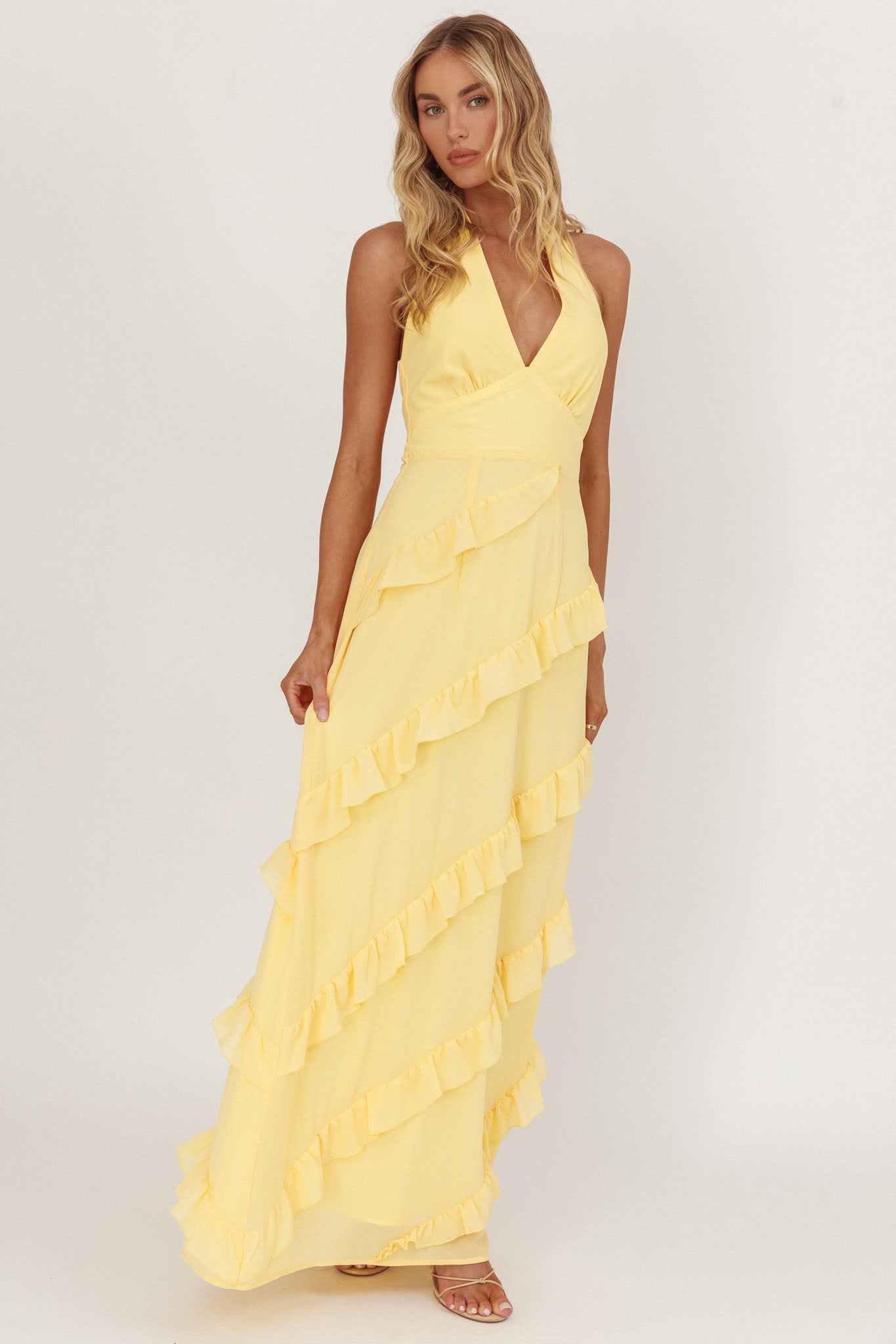 Flirt Frill Trim Halter Maxi Dress Lemon-Maymioy