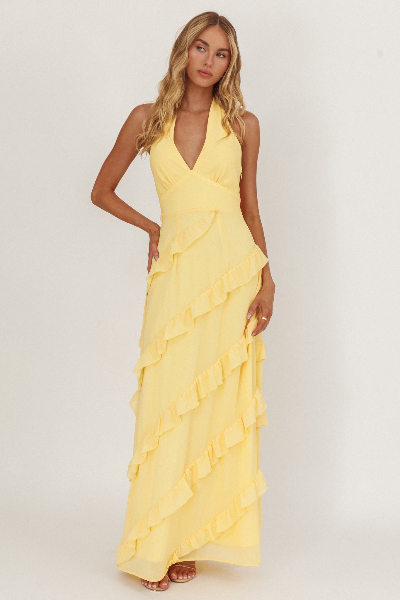Flirt Frill Trim Halter Maxi Dress Lemon-Maymioy