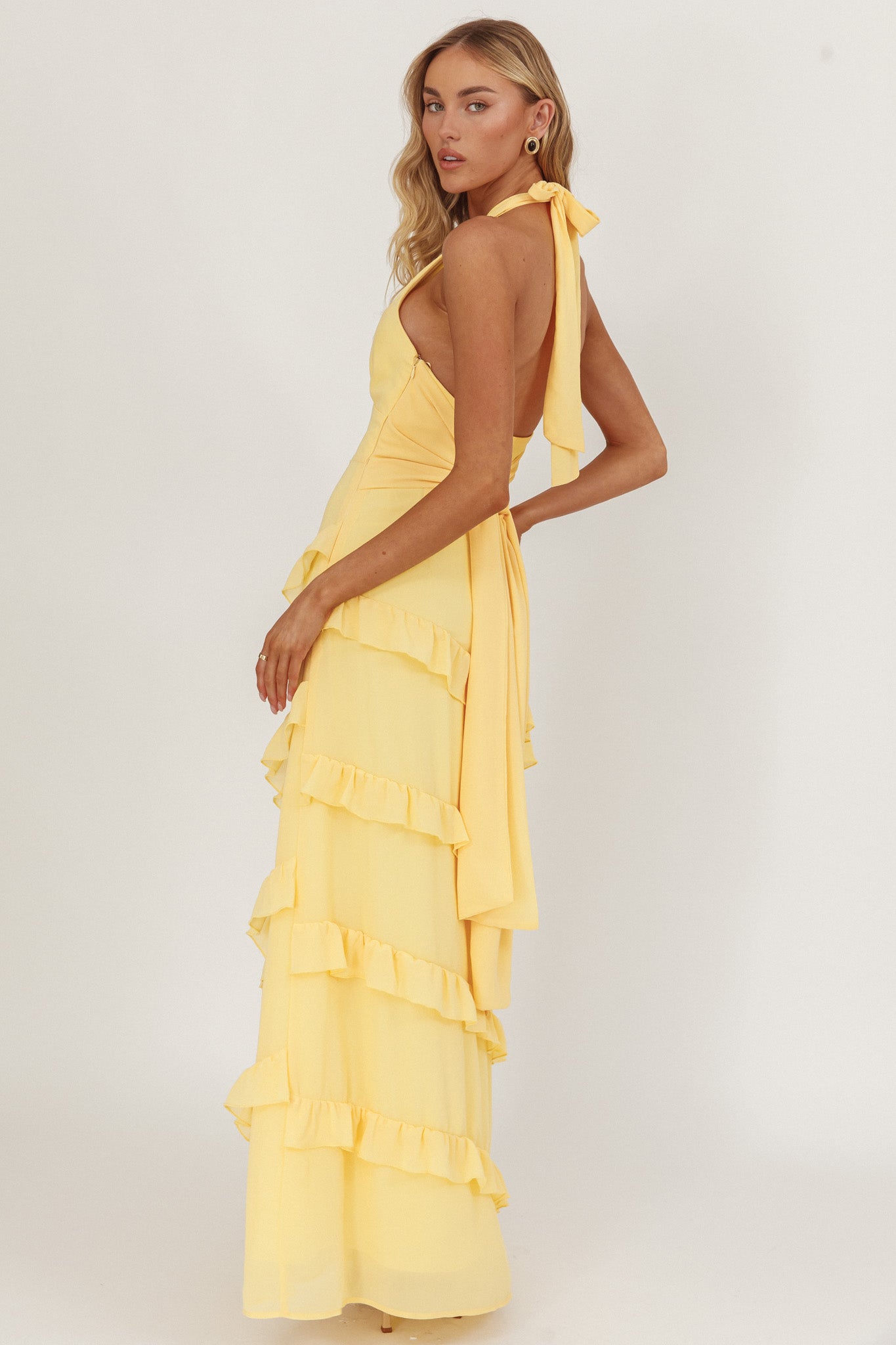 Flirt Frill Trim Halter Maxi Dress Lemon-Maymioy