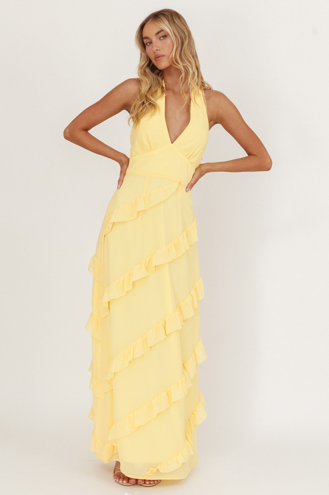 Flirt Frill Trim Halter Maxi Dress Lemon-Maymioy