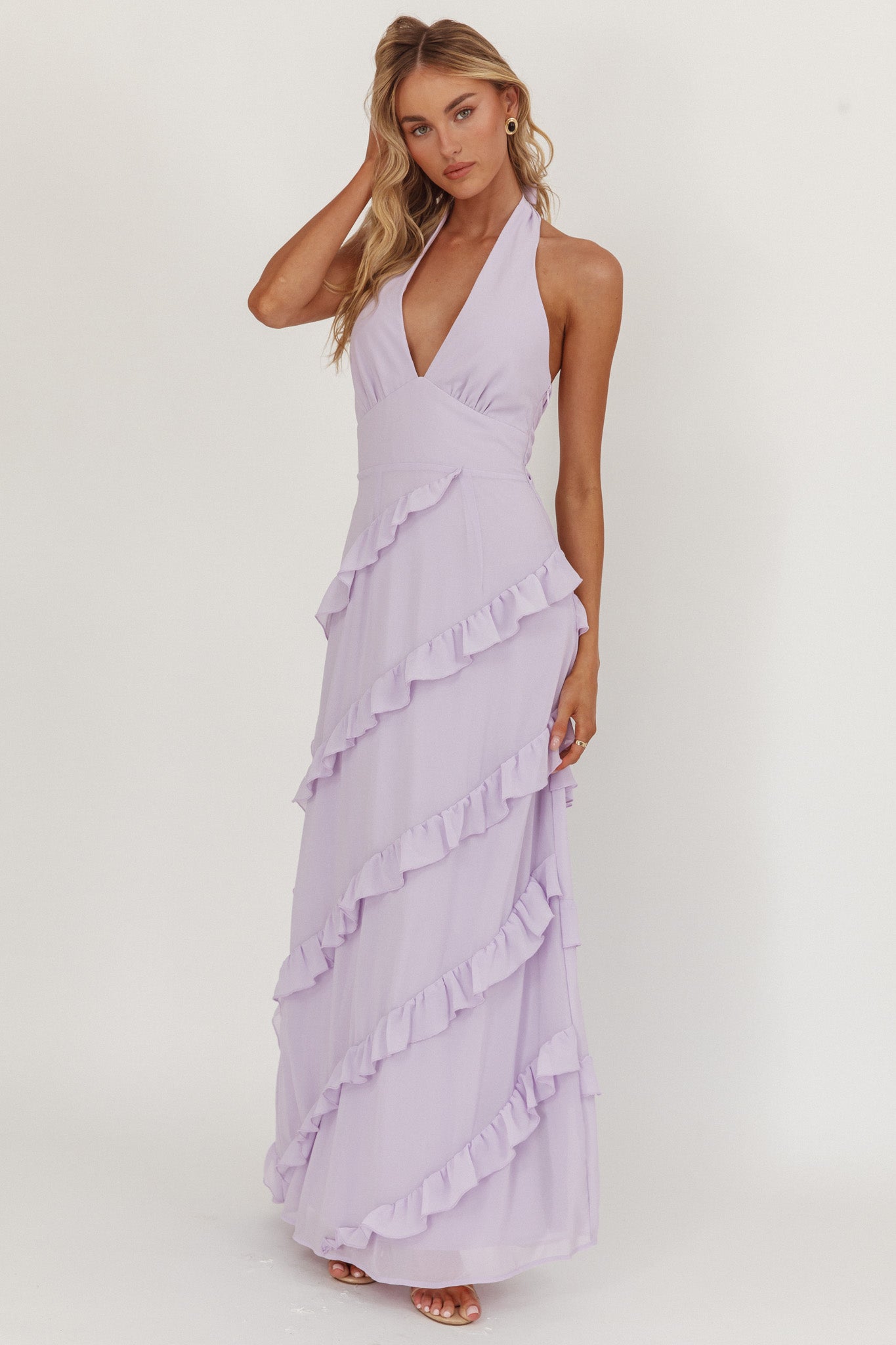 Flirt Frill Trim Halter Maxi Dress Lilac-Maymioy
