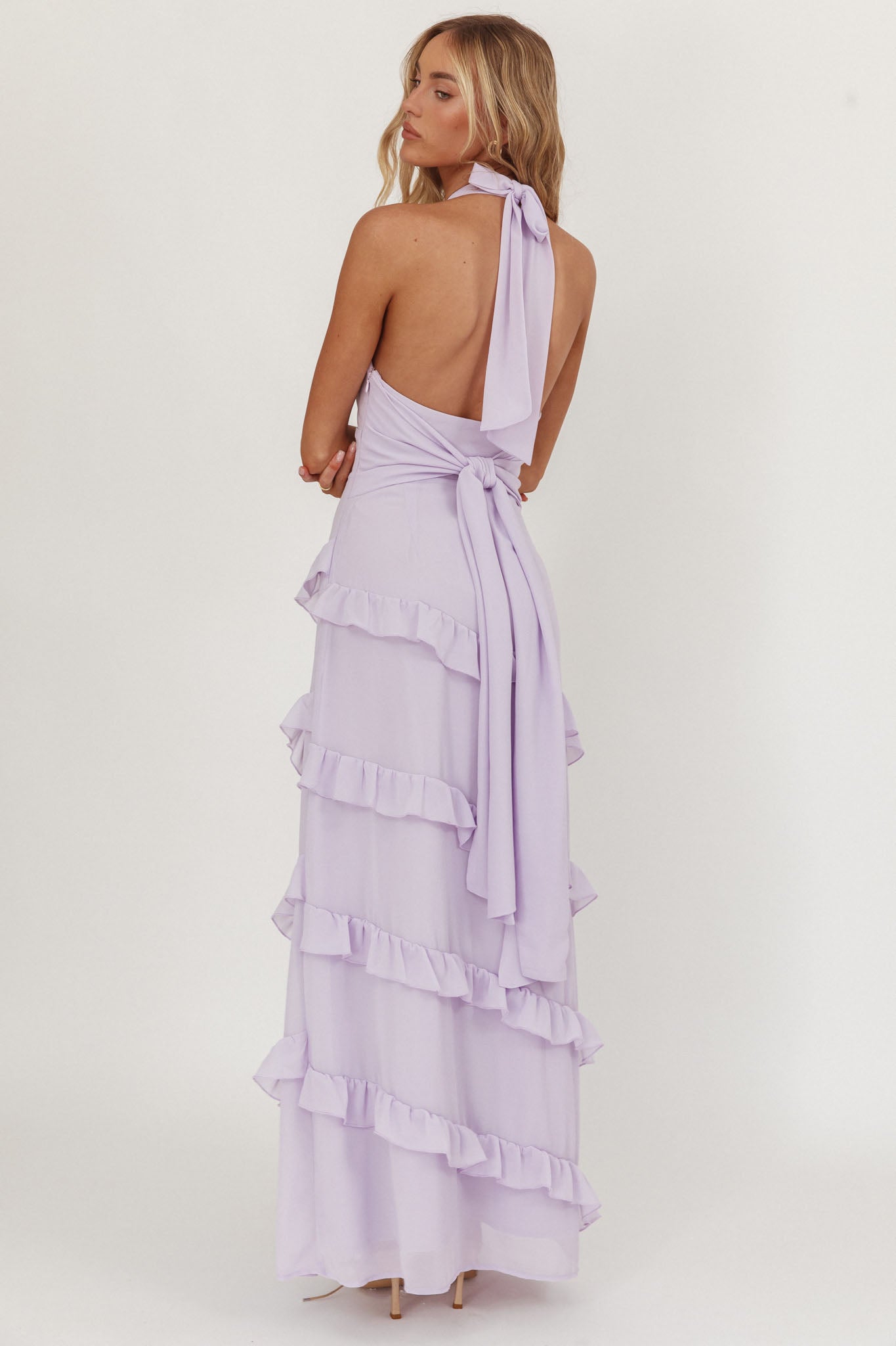 Flirt Frill Trim Halter Maxi Dress Lilac-Maymioy