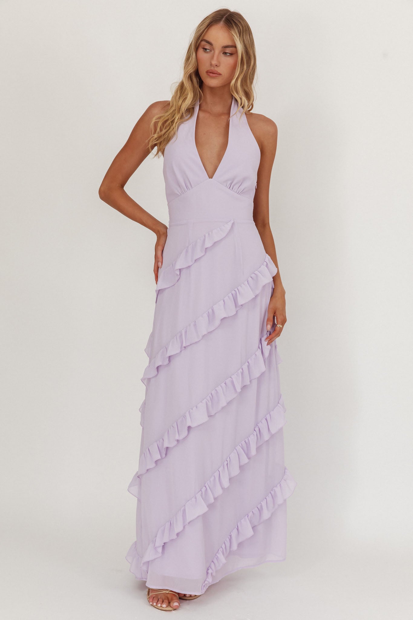 Flirt Frill Trim Halter Maxi Dress Lilac-Maymioy