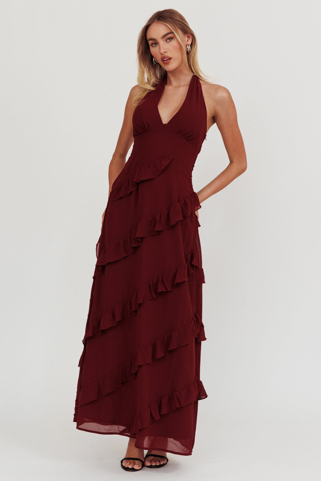 Flirt Frill Trim Halter Maxi Dress Wine-Maymioy