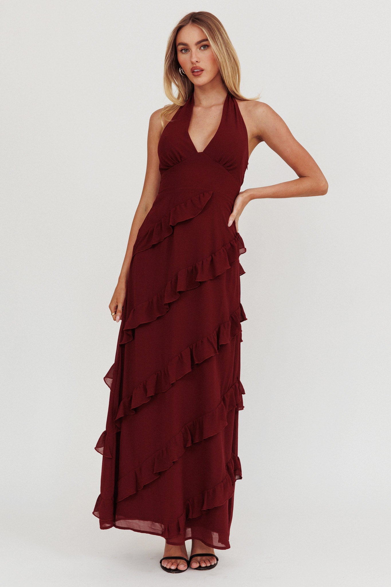 Flirt Frill Trim Halter Maxi Dress Wine-Maymioy
