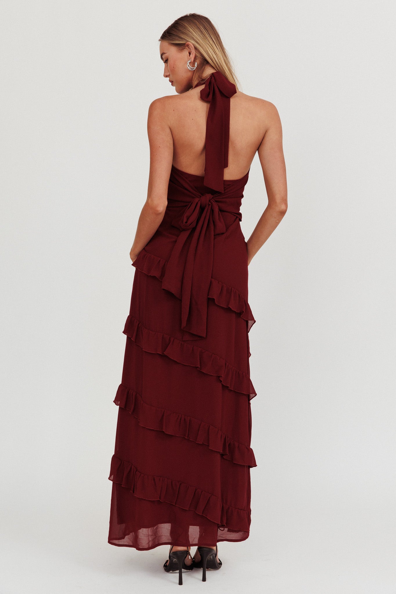 Flirt Frill Trim Halter Maxi Dress Wine-Maymioy