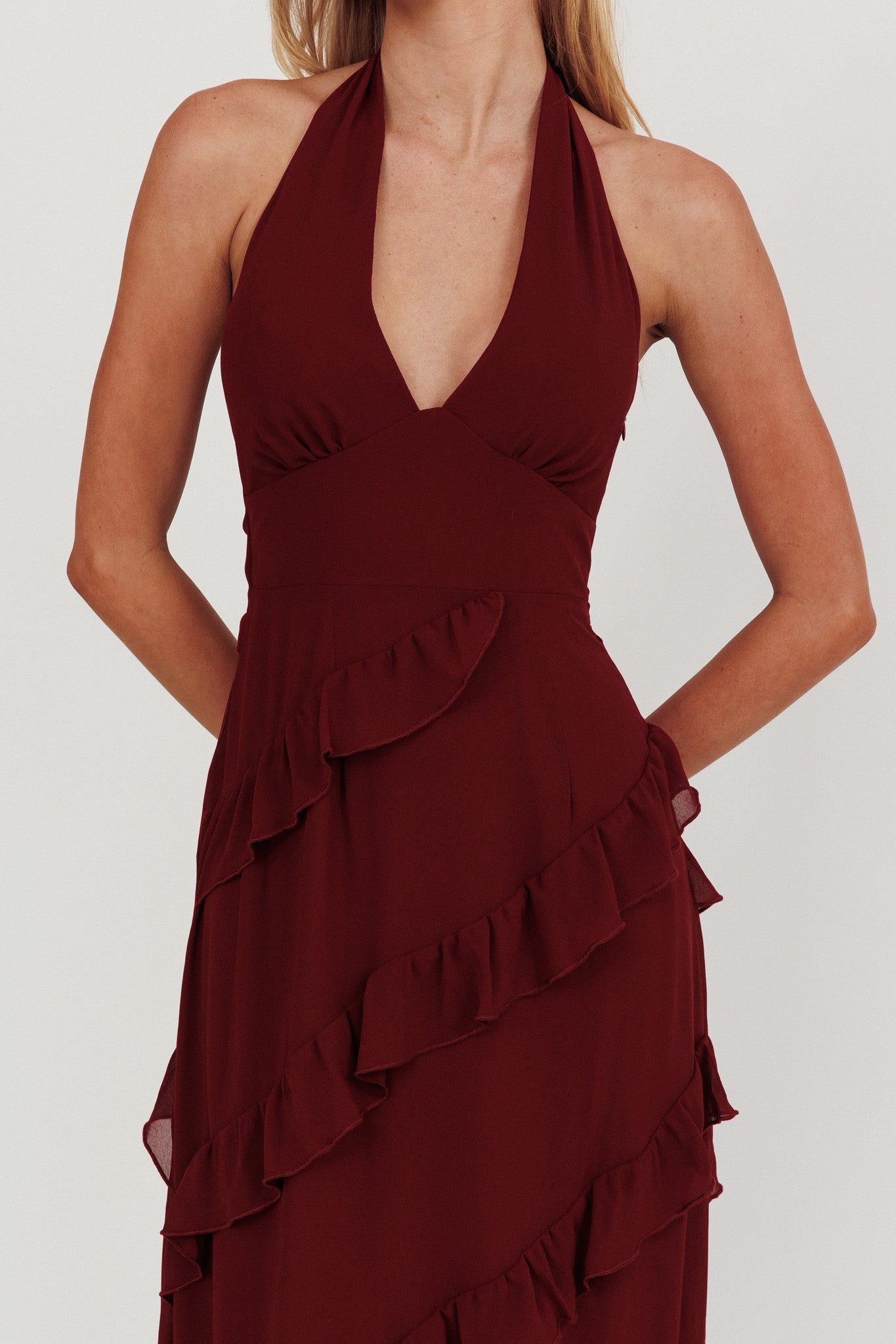 Flirt Frill Trim Halter Maxi Dress Wine-Maymioy