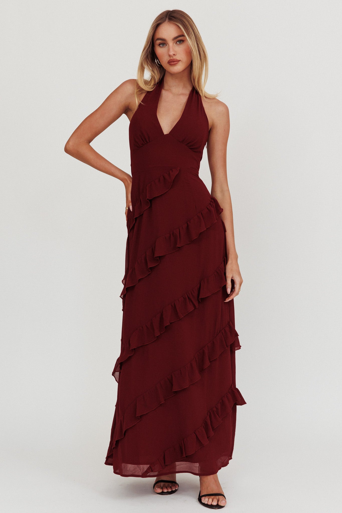 Flirt Frill Trim Halter Maxi Dress Wine-Maymioy