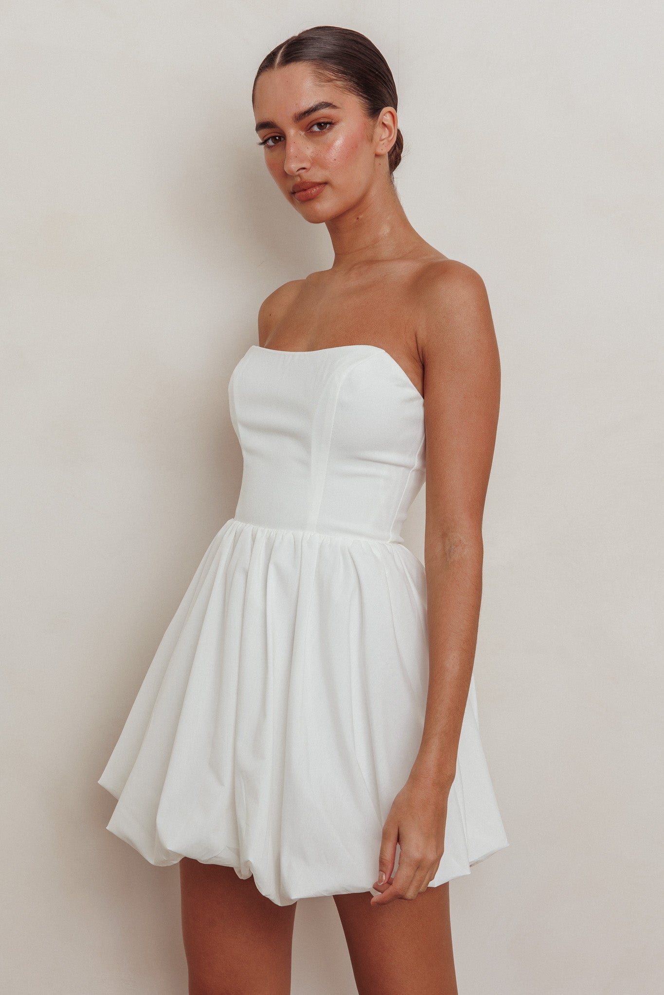 Like Art Strapless Bubble Mini Dress Off White-Maymioy