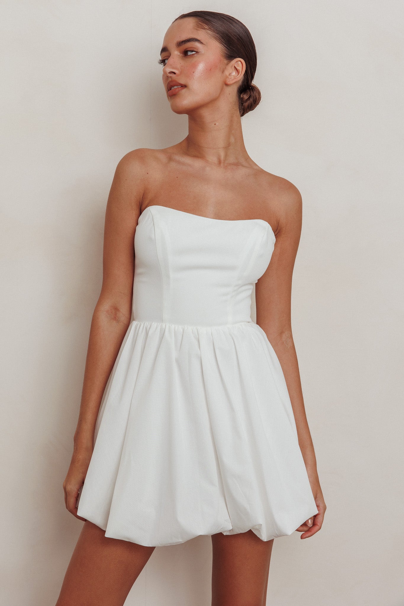 Like Art Strapless Bubble Mini Dress Off White-Maymioy