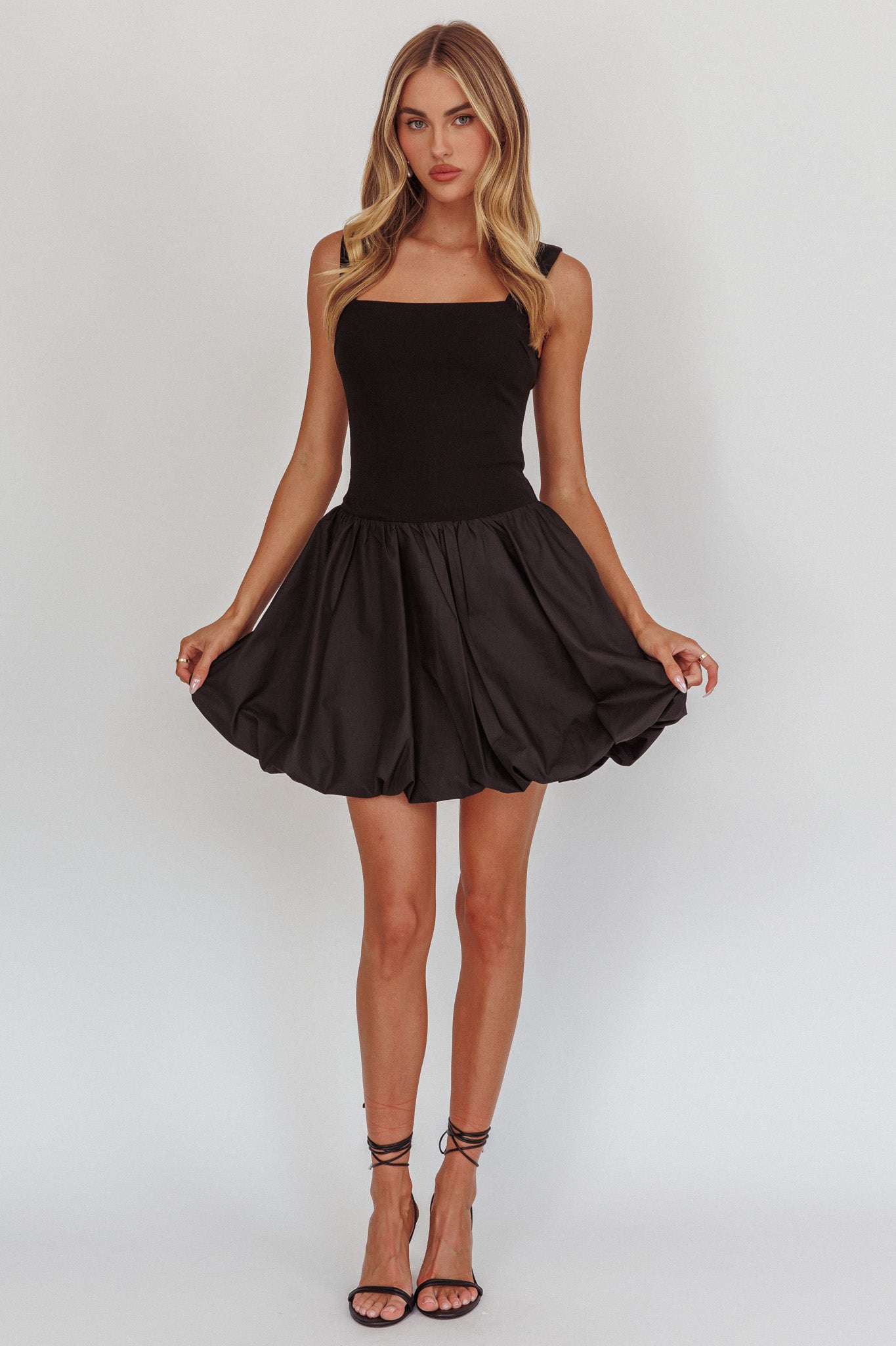 Like Art Square Neck Bubble Mini Dress Black-Maymioy