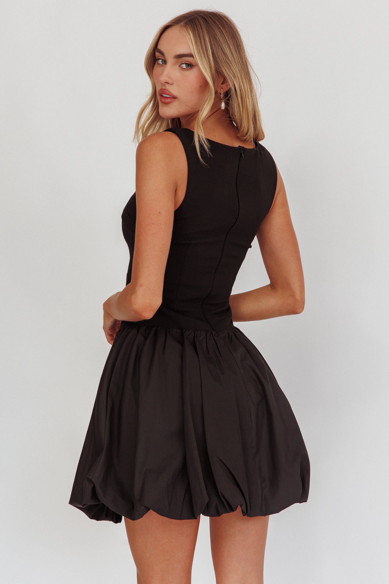Like Art Square Neck Bubble Mini Dress Black-Maymioy
