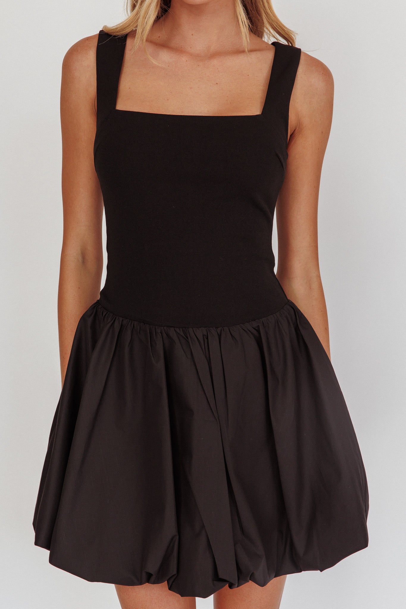 Like Art Square Neck Bubble Mini Dress Black-Maymioy