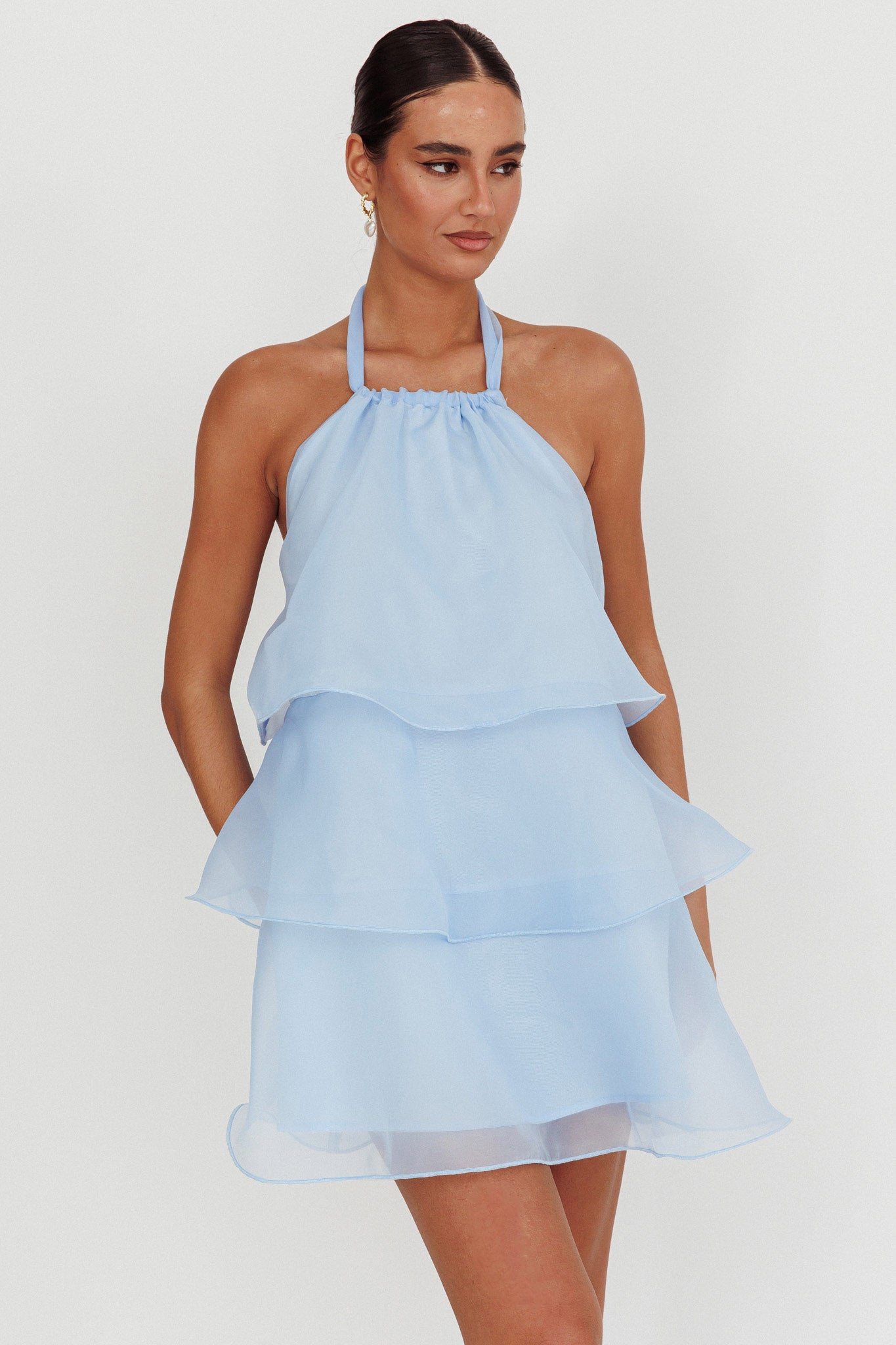 Tulips Tiered Halterneck Mini Dress Baby Blue-Maymioy