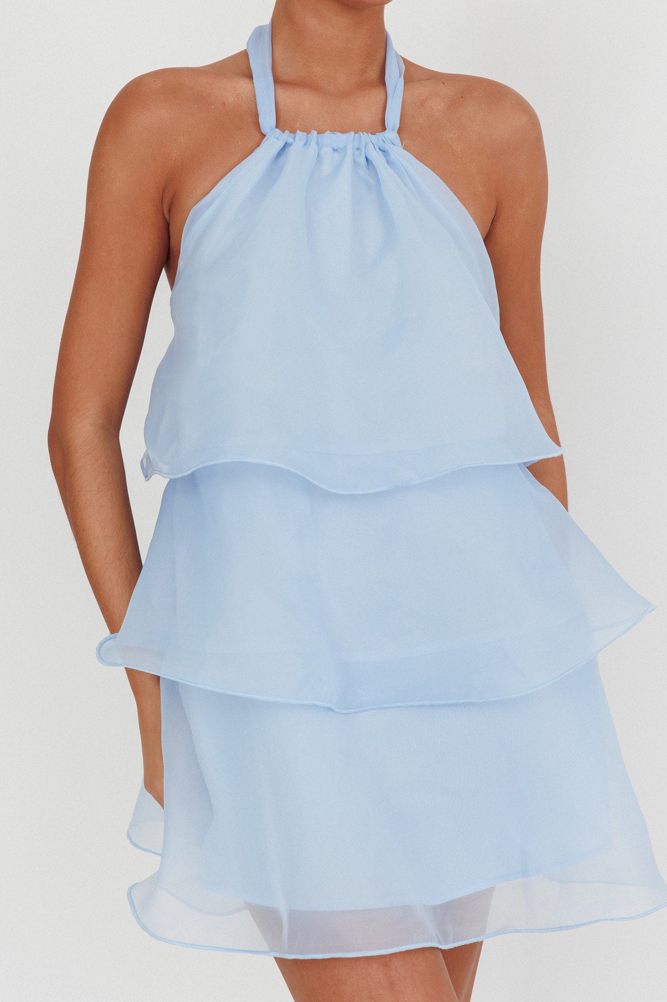 Tulips Tiered Halterneck Mini Dress Baby Blue-Maymioy