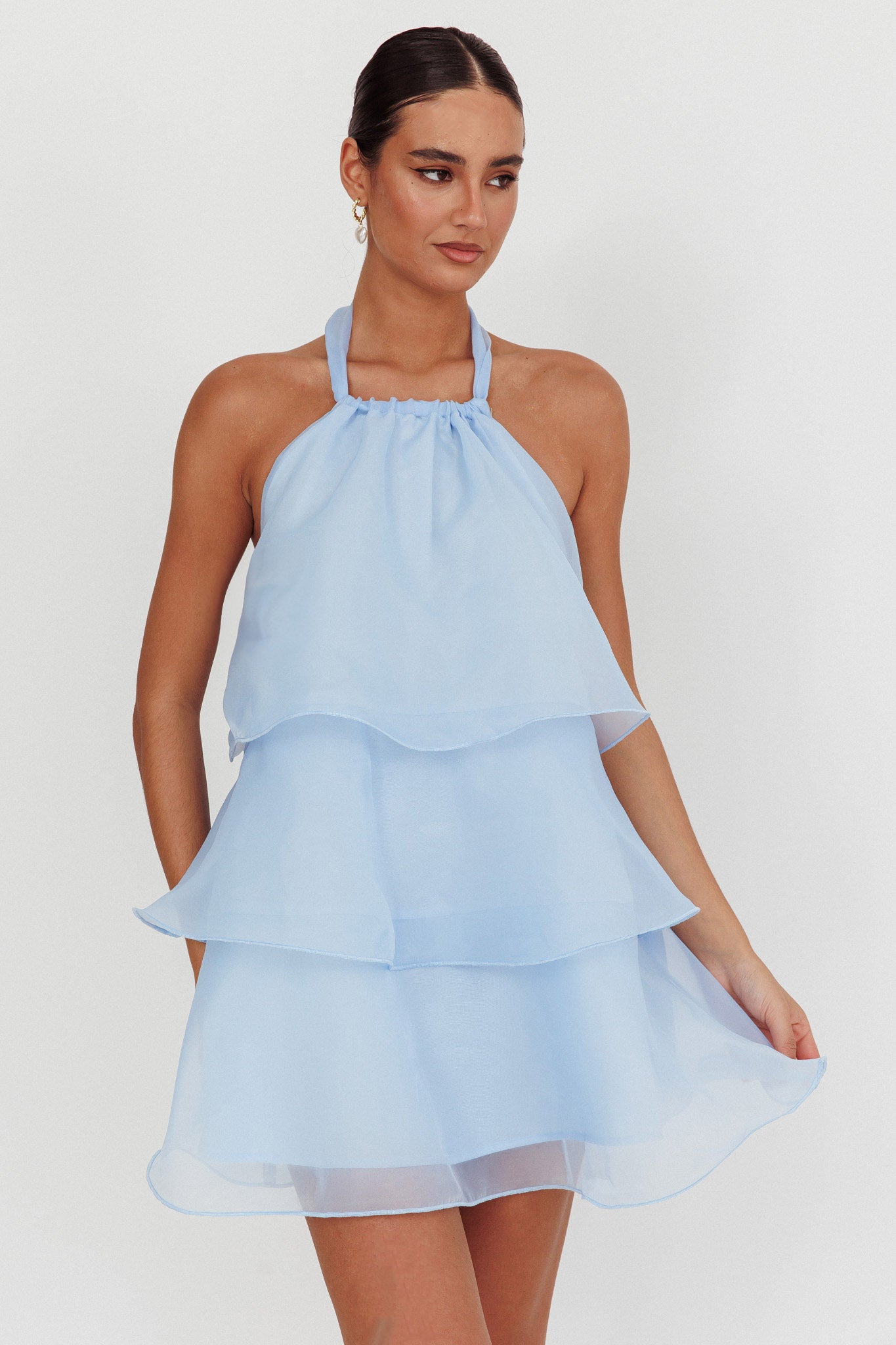 Tulips Tiered Halterneck Mini Dress Baby Blue-Maymioy