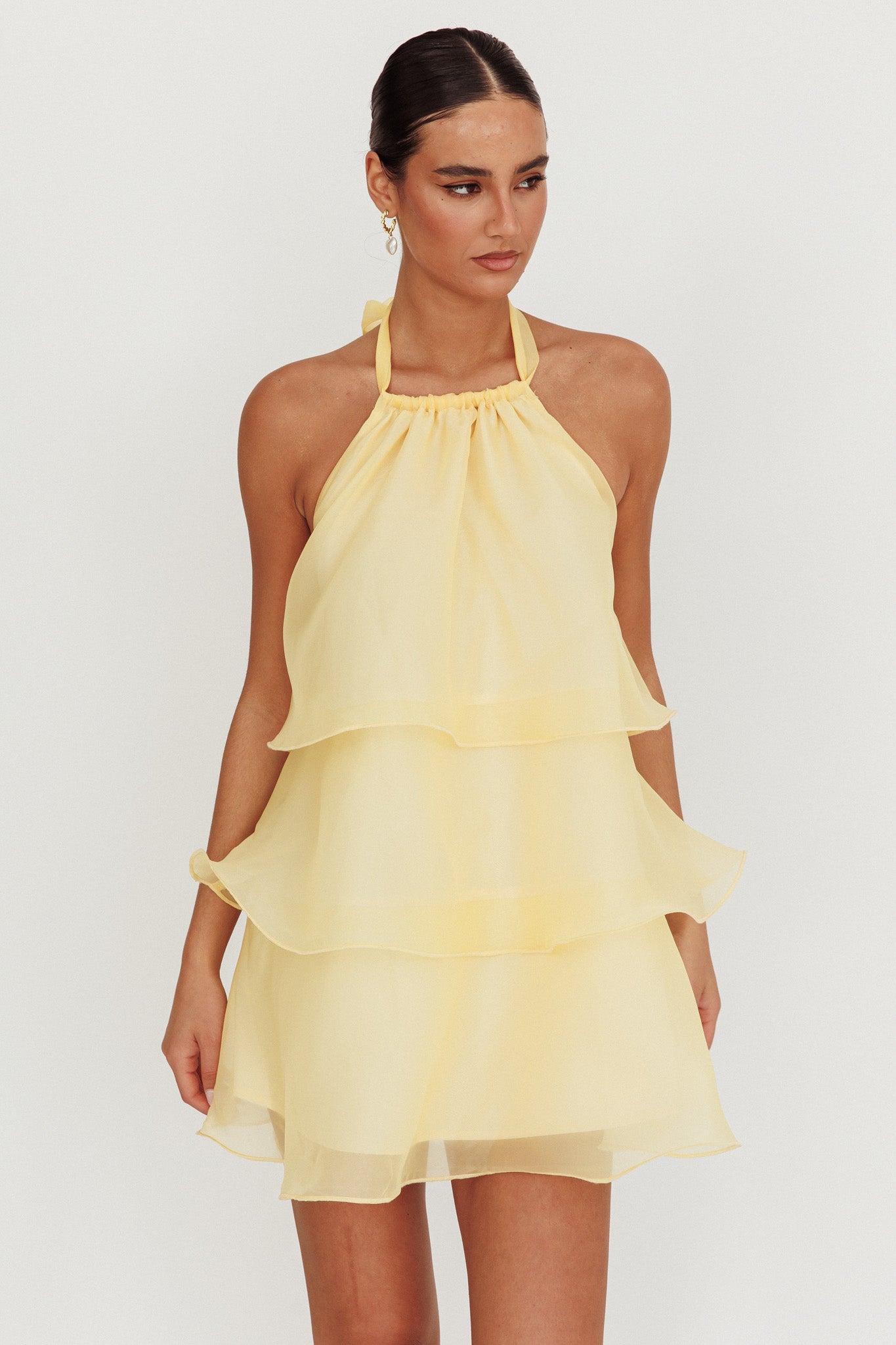 Tulips Tiered Halterneck Mini Dress Lemon-Maymioy