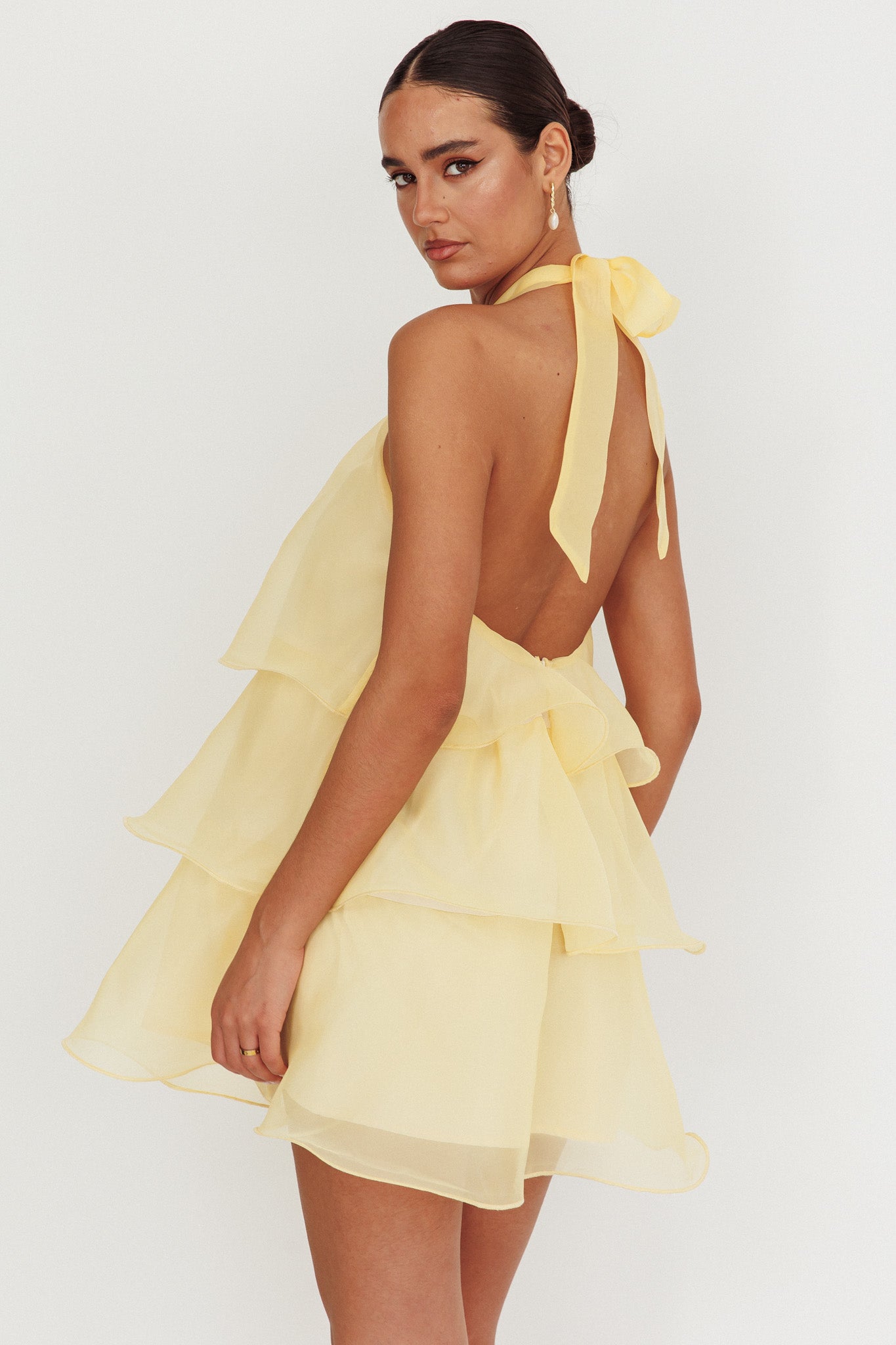 Tulips Tiered Halterneck Mini Dress Lemon-Maymioy