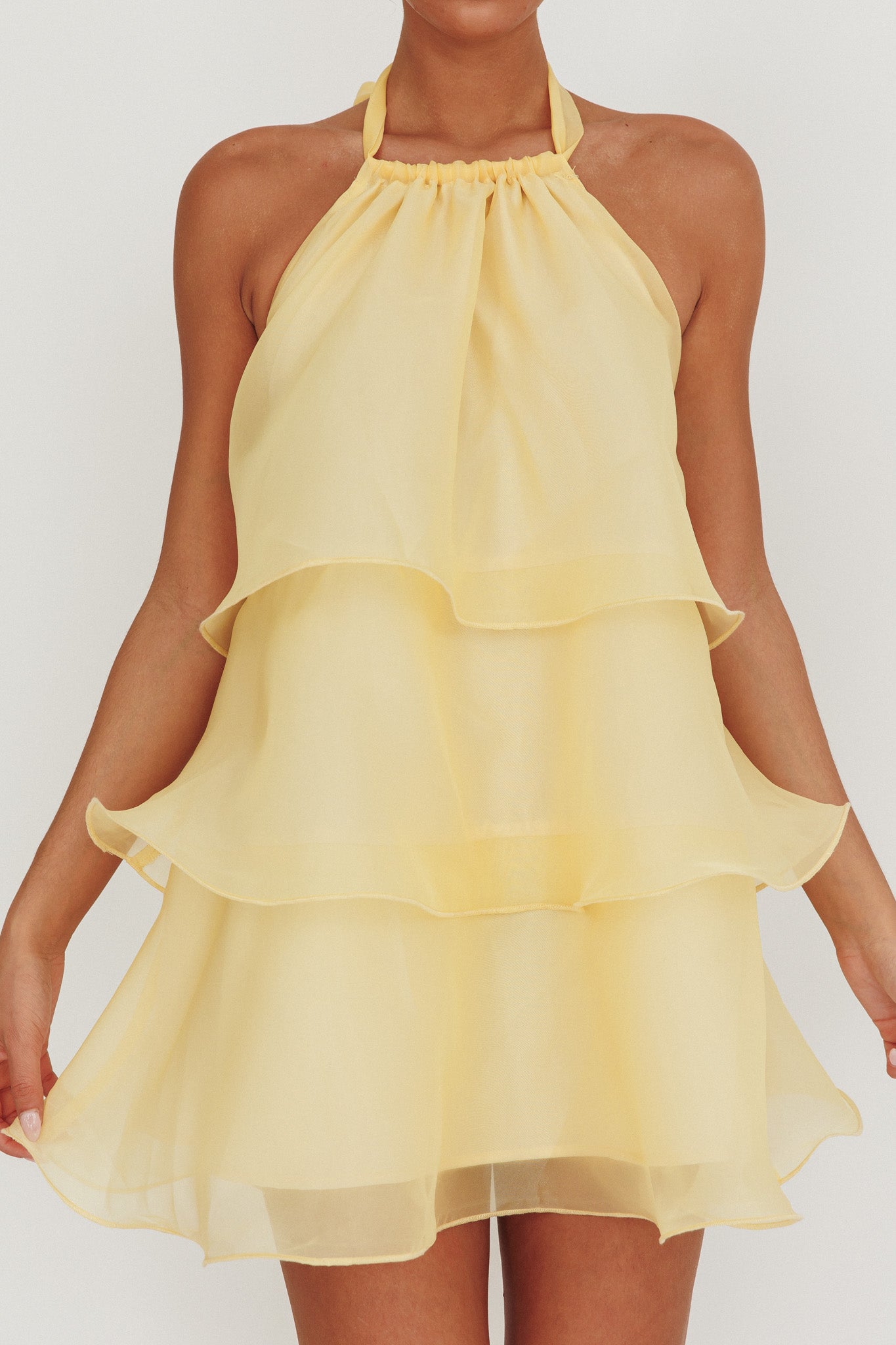 Tulips Tiered Halterneck Mini Dress Lemon-Maymioy