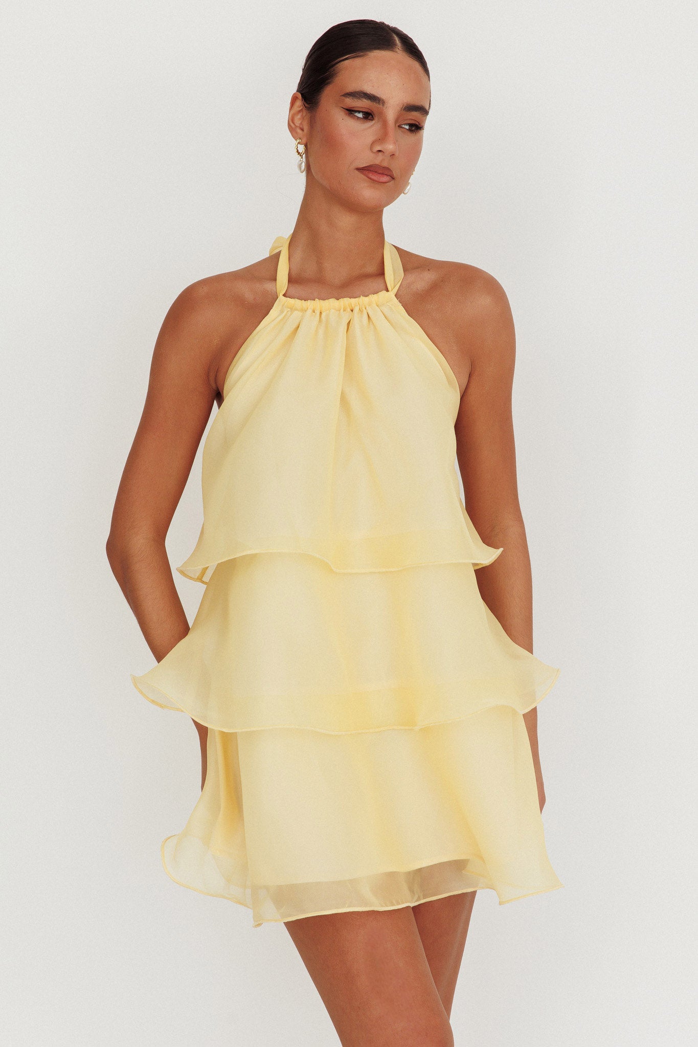 Tulips Tiered Halterneck Mini Dress Lemon-Maymioy