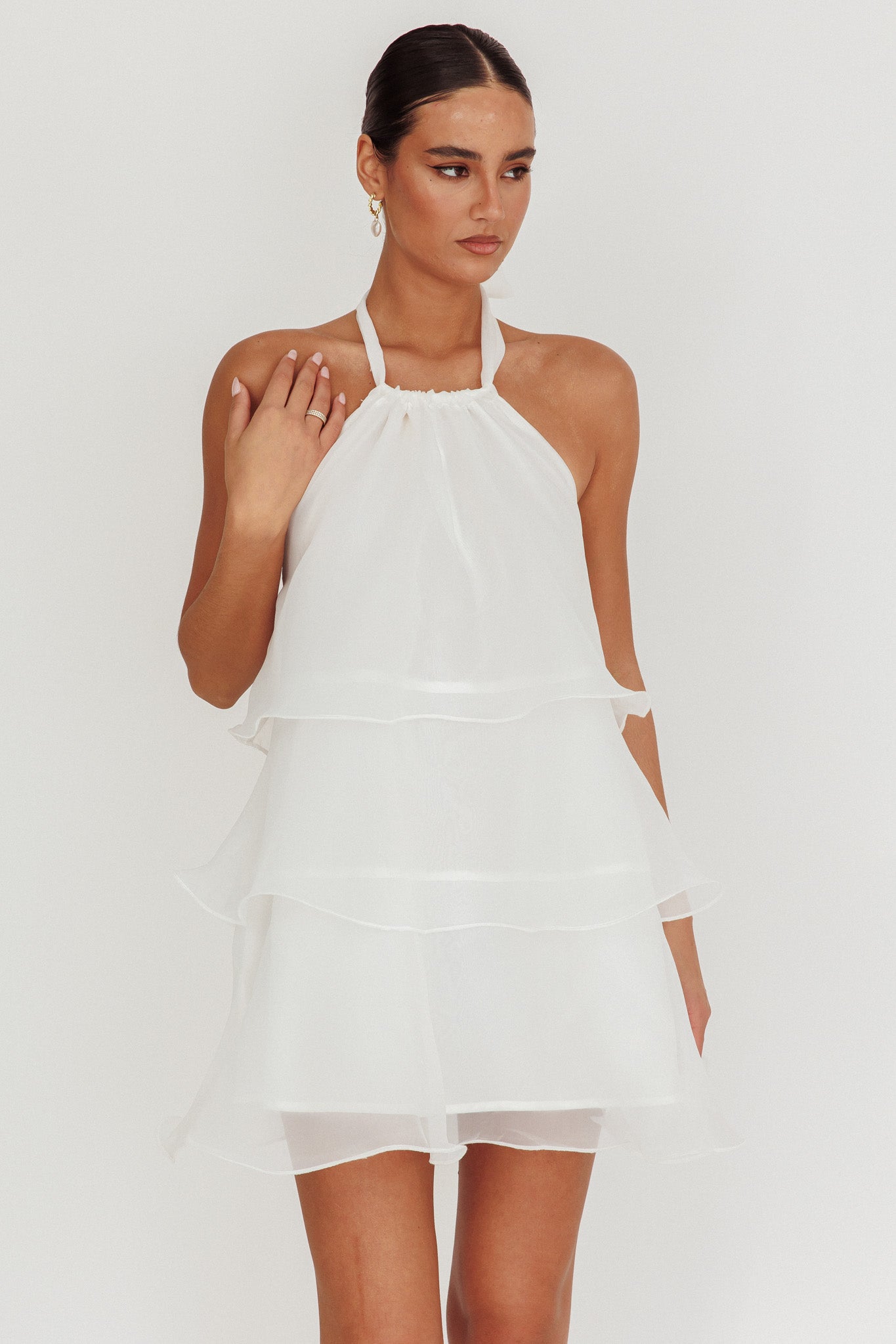 Tulips Tiered Halterneck Mini Dress White-Maymioy