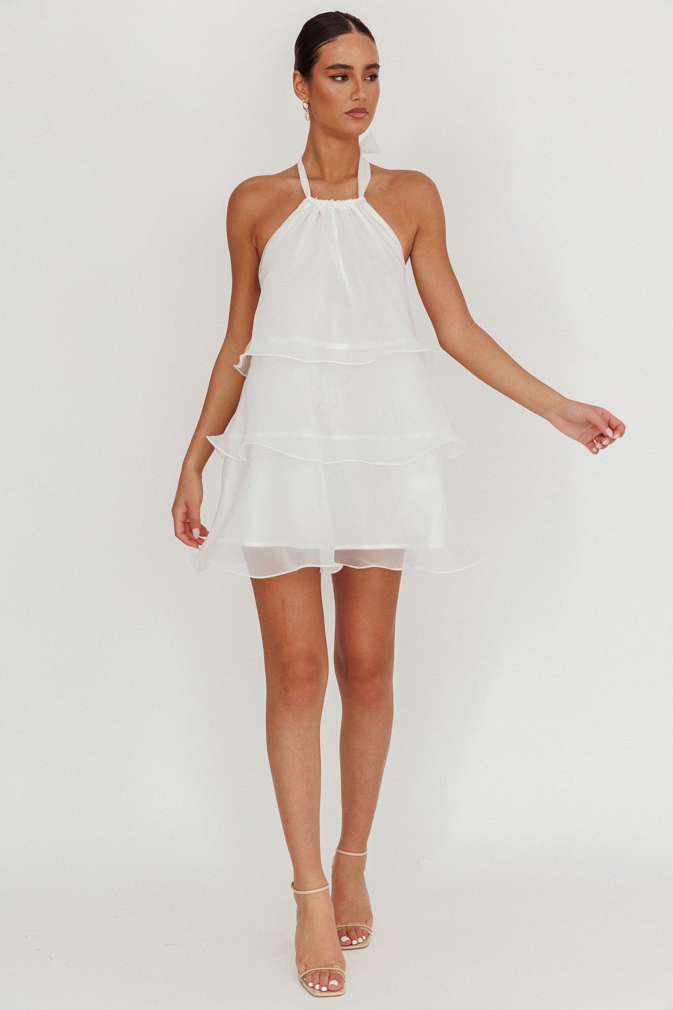 Tulips Tiered Halterneck Mini Dress White-Maymioy