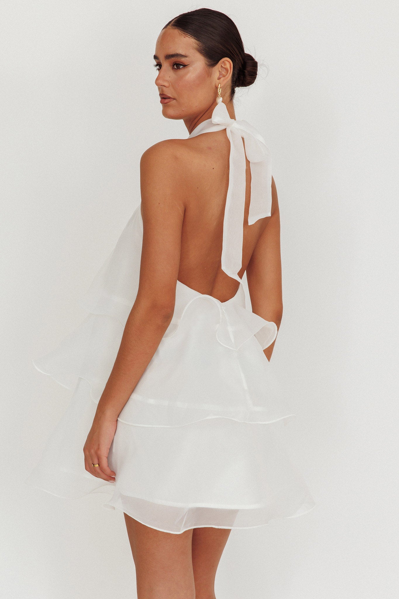 Tulips Tiered Halterneck Mini Dress White-Maymioy